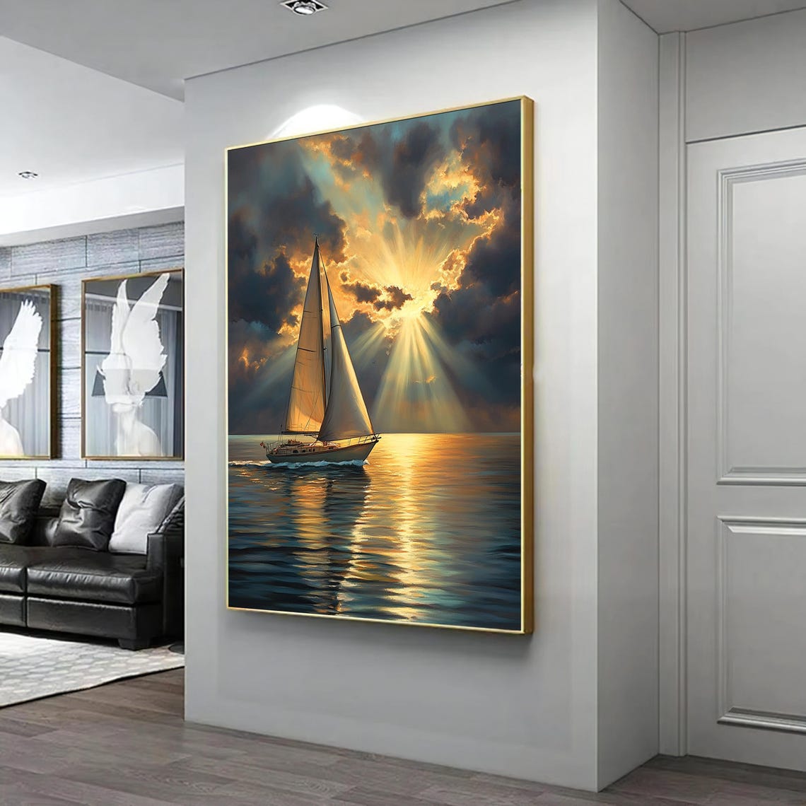 Sailboat Sailing Into Golden Sunrise Sunbeams Breaking Clouds Poster