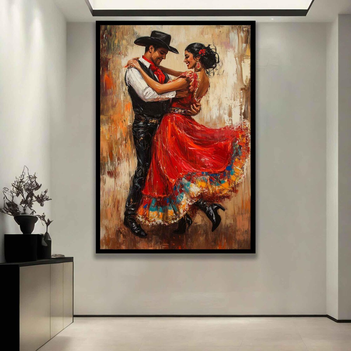 Passionate Tango Couple Cowboy Hat Red Dress Romantic Dance Art Wall Art - Image 5