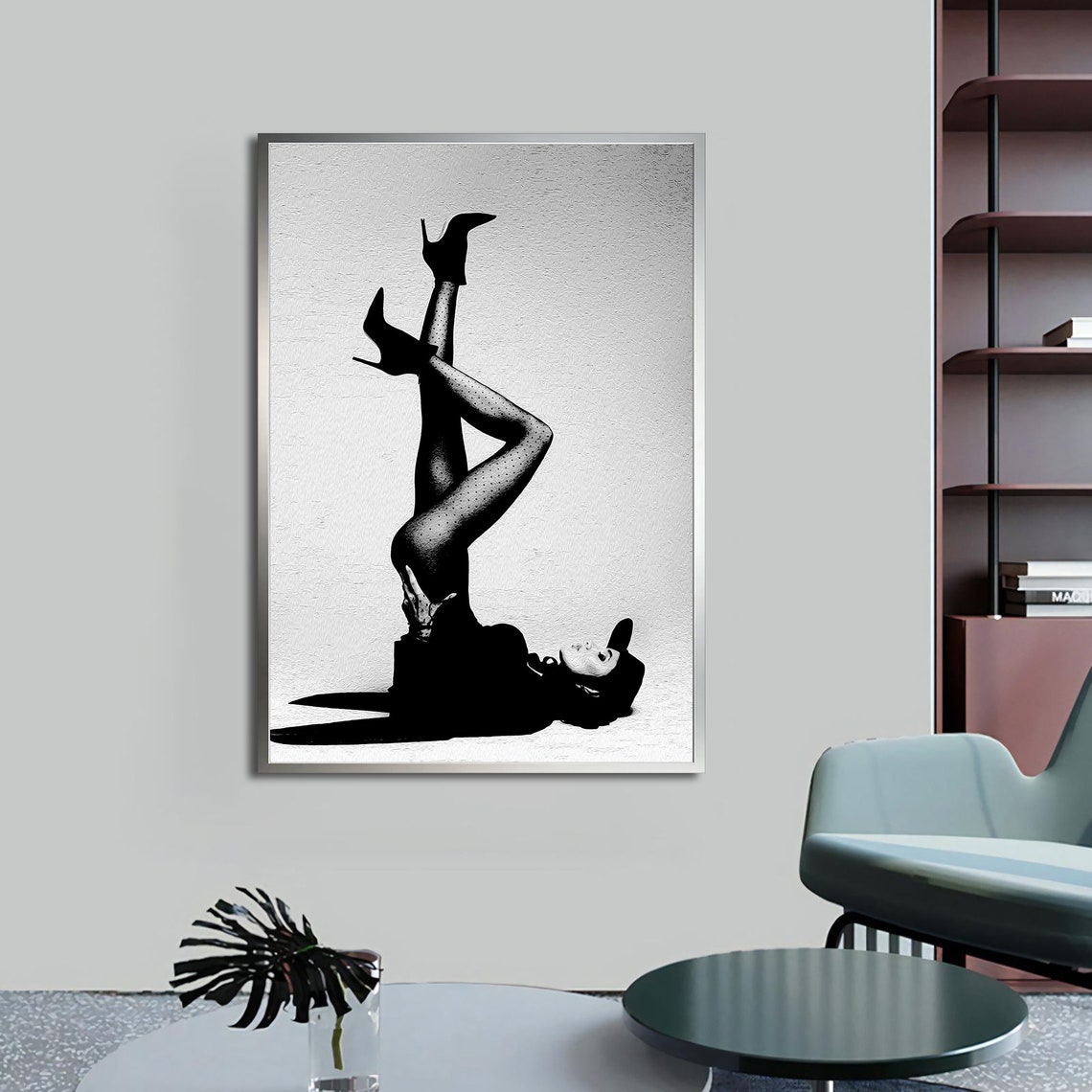 Woman in High Heels Playful Legs Up Black White Art Wall Poster - Image 2