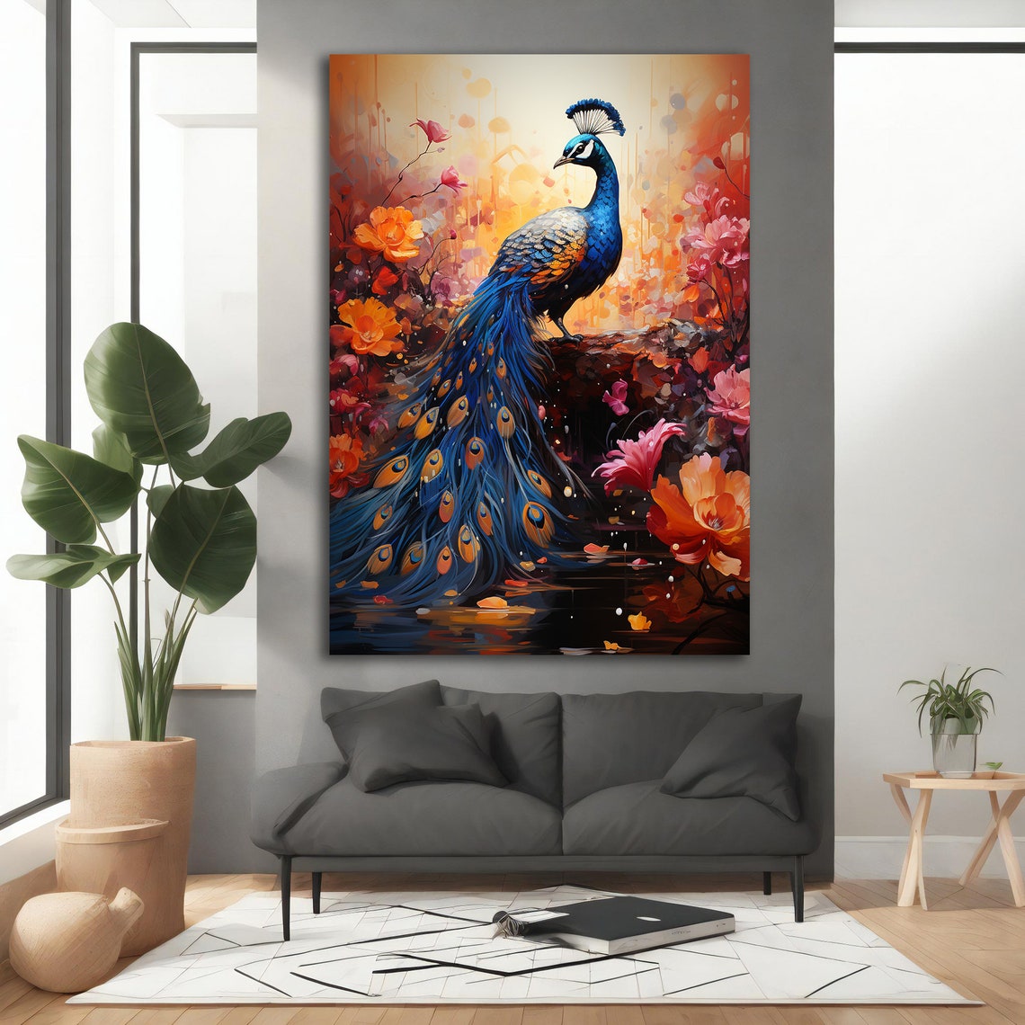 Blue Peacock Among Vibrant Flowers Full Tail Garden Art Poster - Image 4