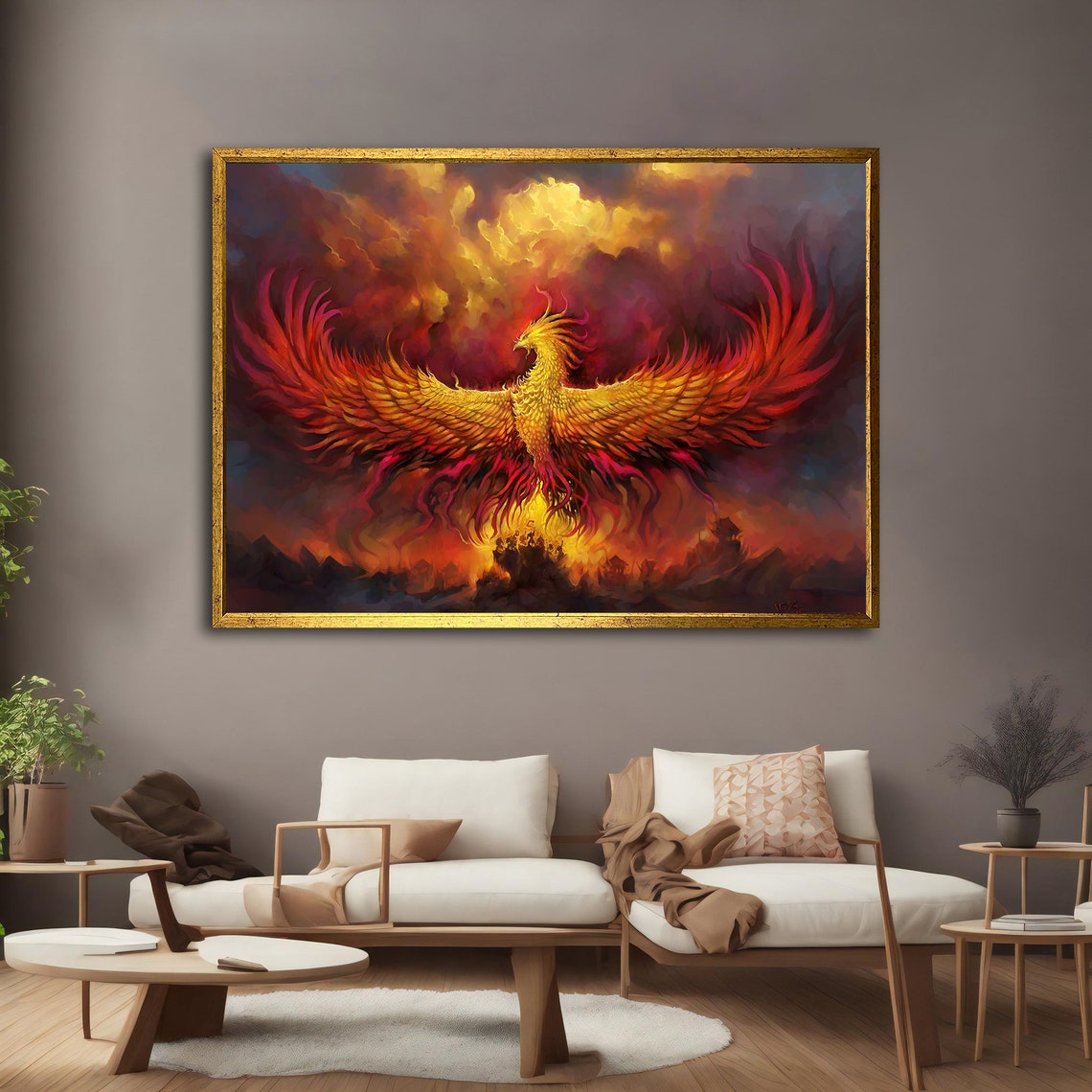Golden Phoenix Rising Fiery Red Orange Storm Clouds Fantasy Poster - Image 2