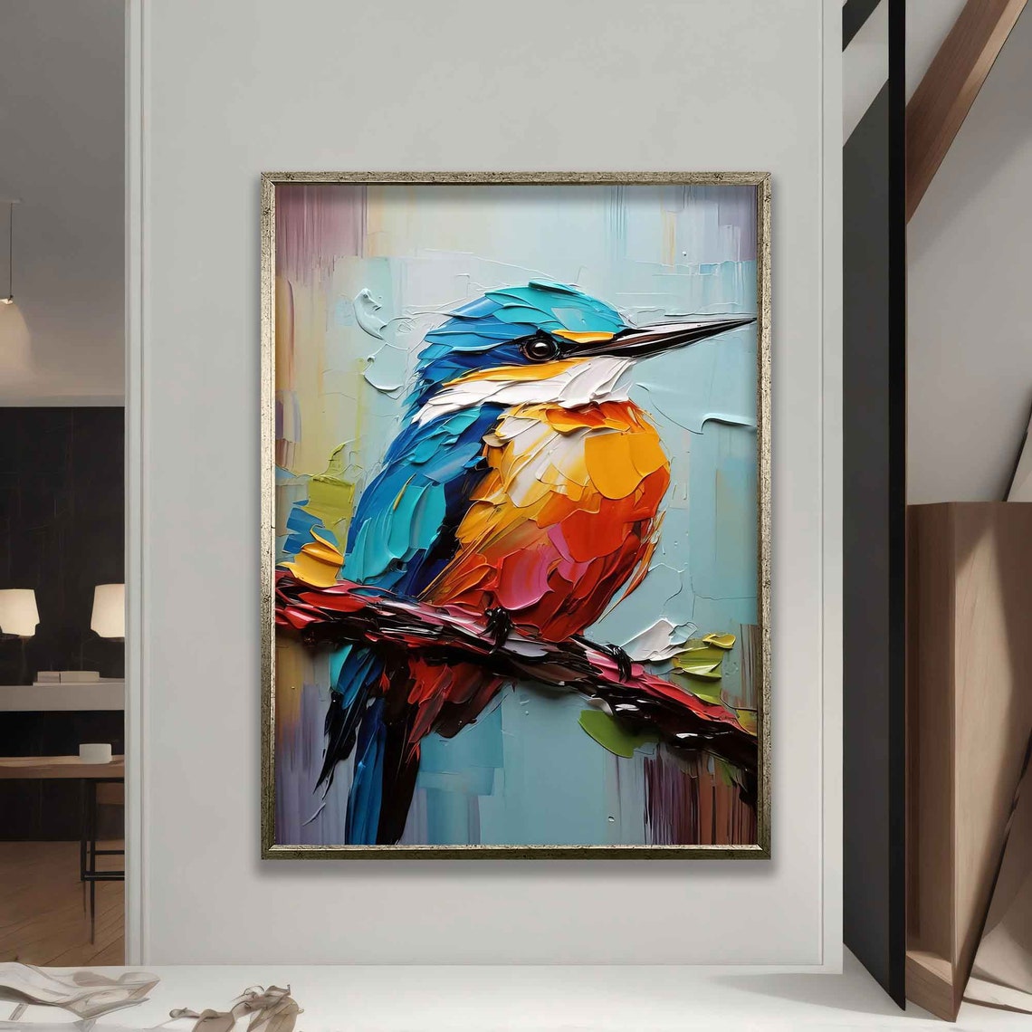 Kingfisher Bird Impasto Paint Blue Orange Branch Art Wall Poster - Image 5