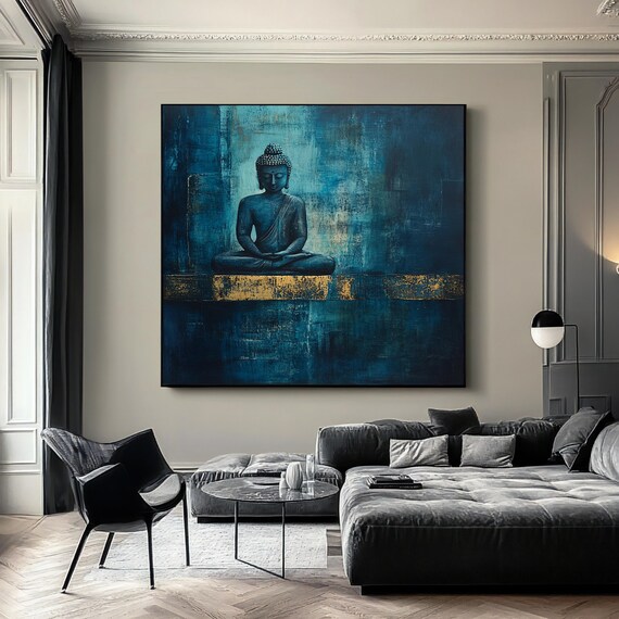 Blue Buddha Meditating Painting Teal Gold Abstract Zen Buddhist Wall Poster