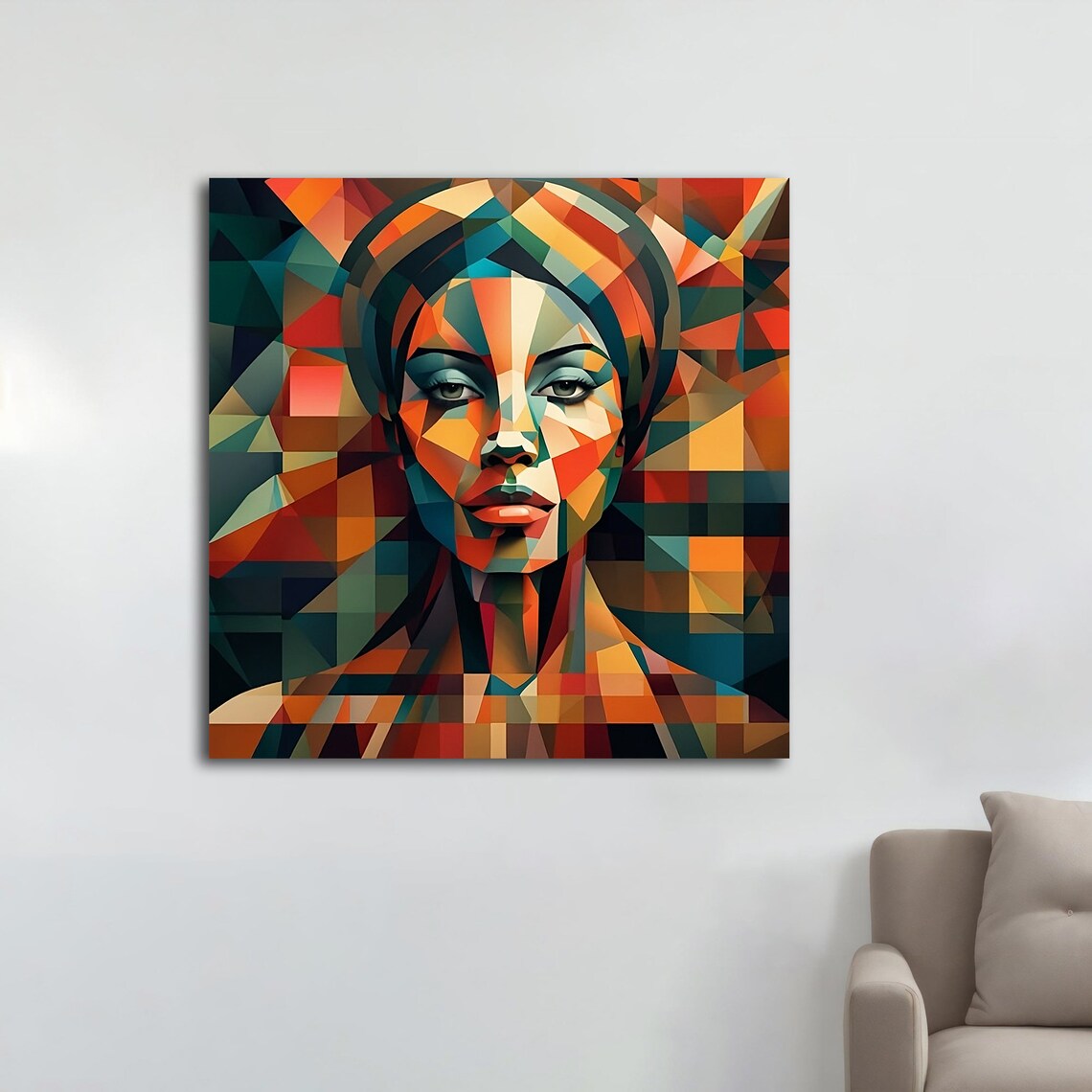 Cubist Woman Face Colorful Geometric Mosaic Orange Teal Modern Art Print - Image 4