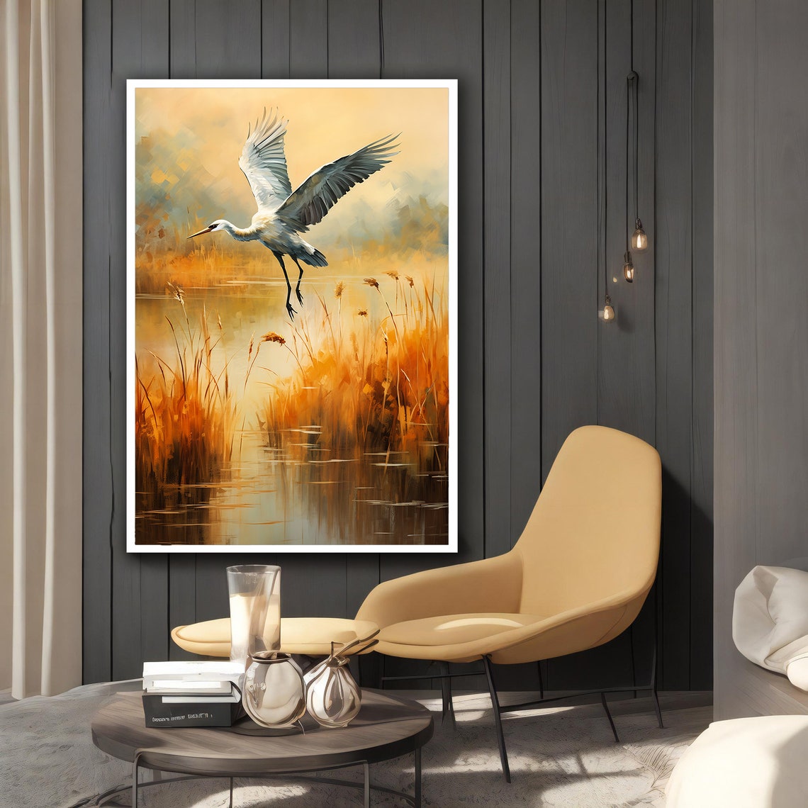 White Crane Flying Over Golden Autumn Marsh Reeds Nature Poster - Image 2