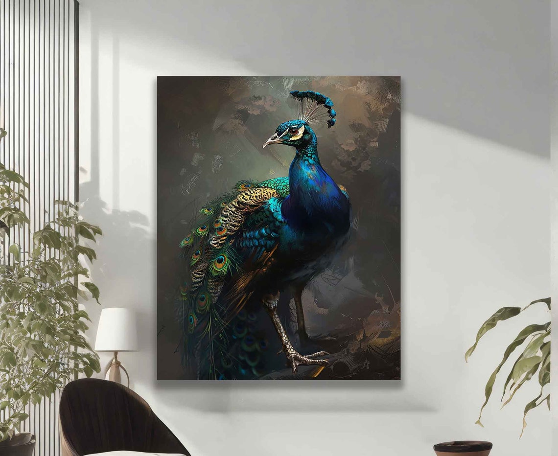 Majestic Peacock Full Body Iridescent Feathers Dark Canvas Art Poster - Image 2