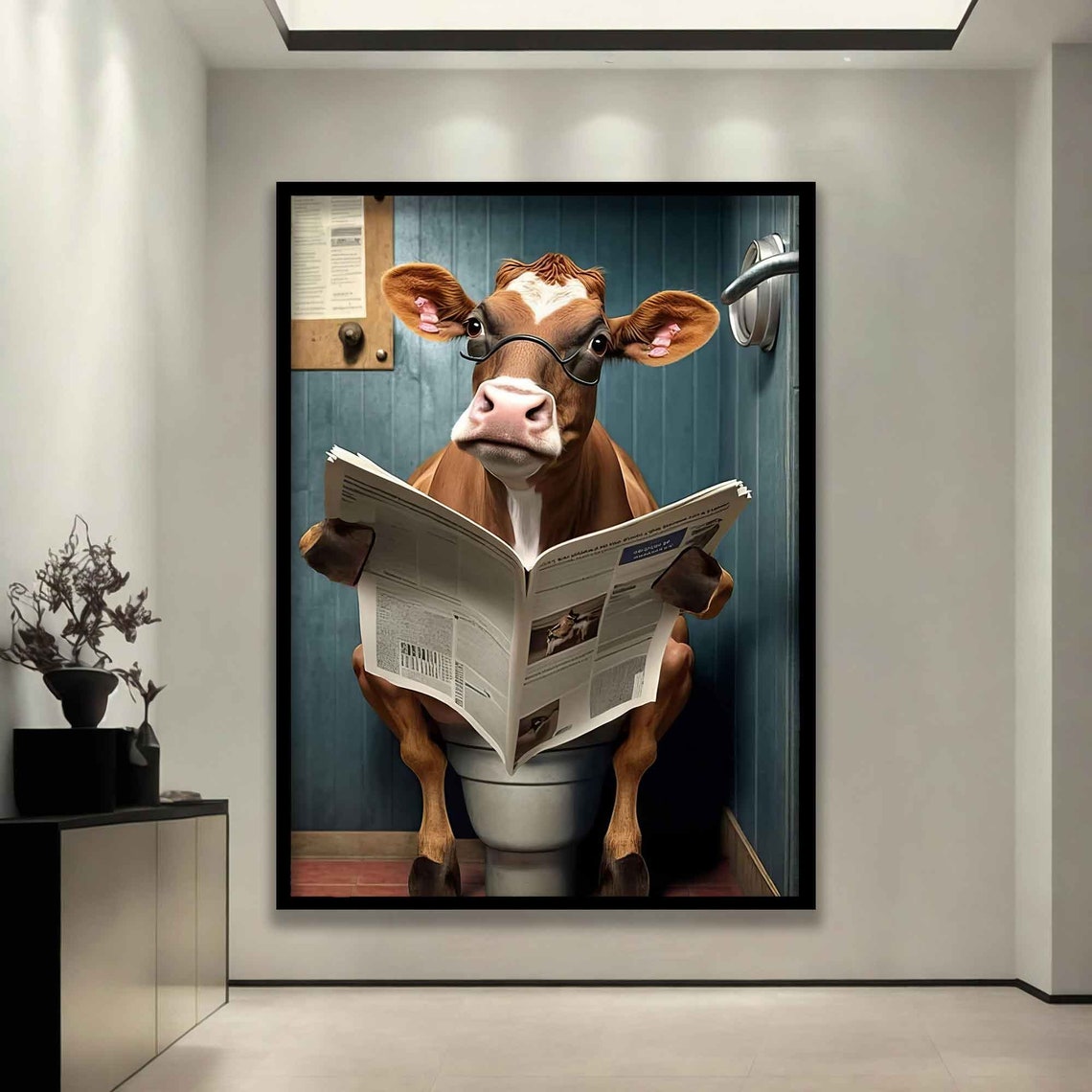 Painting Of A Cow Reading The Newspaper On The Toilet Funny Cow Painting Cow Poster Pop Art Cow Art - Image 3