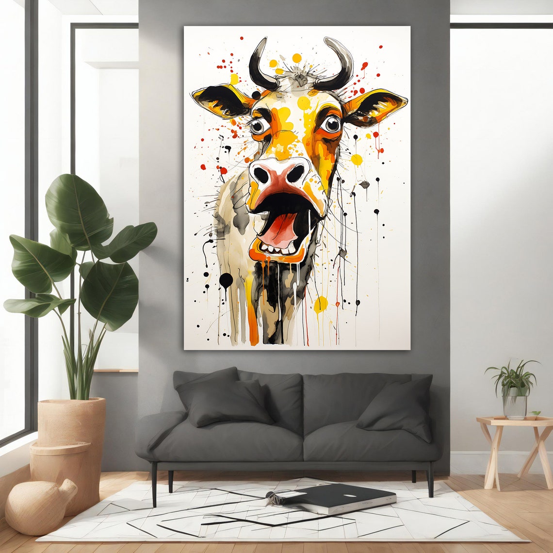 Laughing Cow Face Funny Open Mouth Watercolor Splatter Art Poster - Image 3