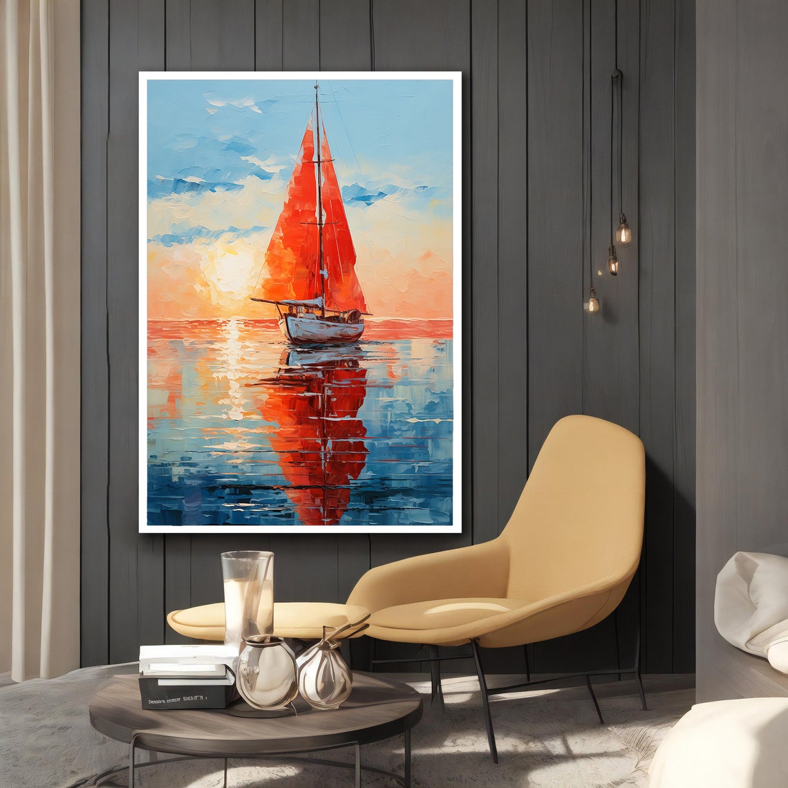 Red Sailboat Sunset Calm Sea Impasto Oil Painting Coastal Art Poster - Image 2
