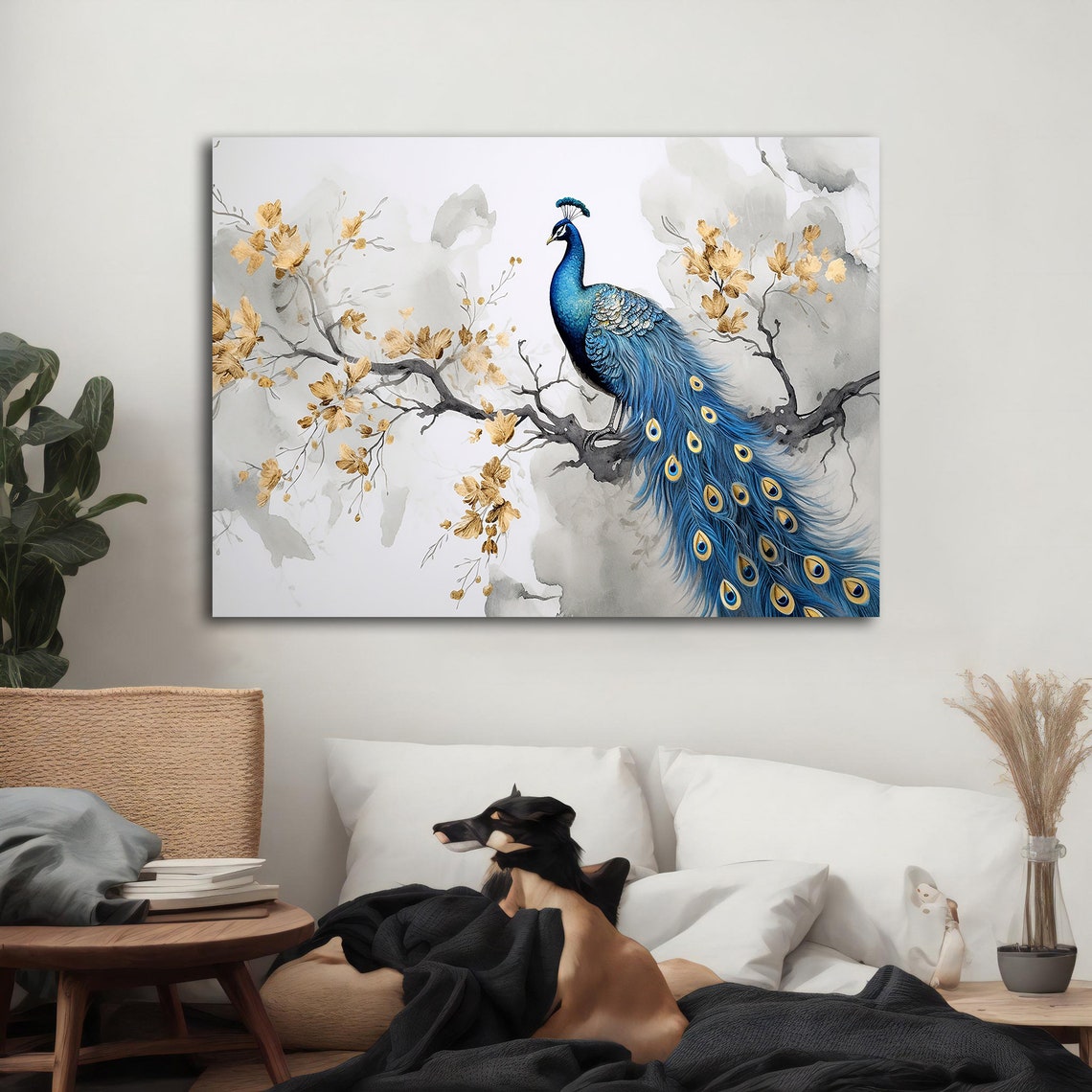 Blue Peacock Perched Flowering Branch Gold Blossoms Watercolor Poster - Image 2