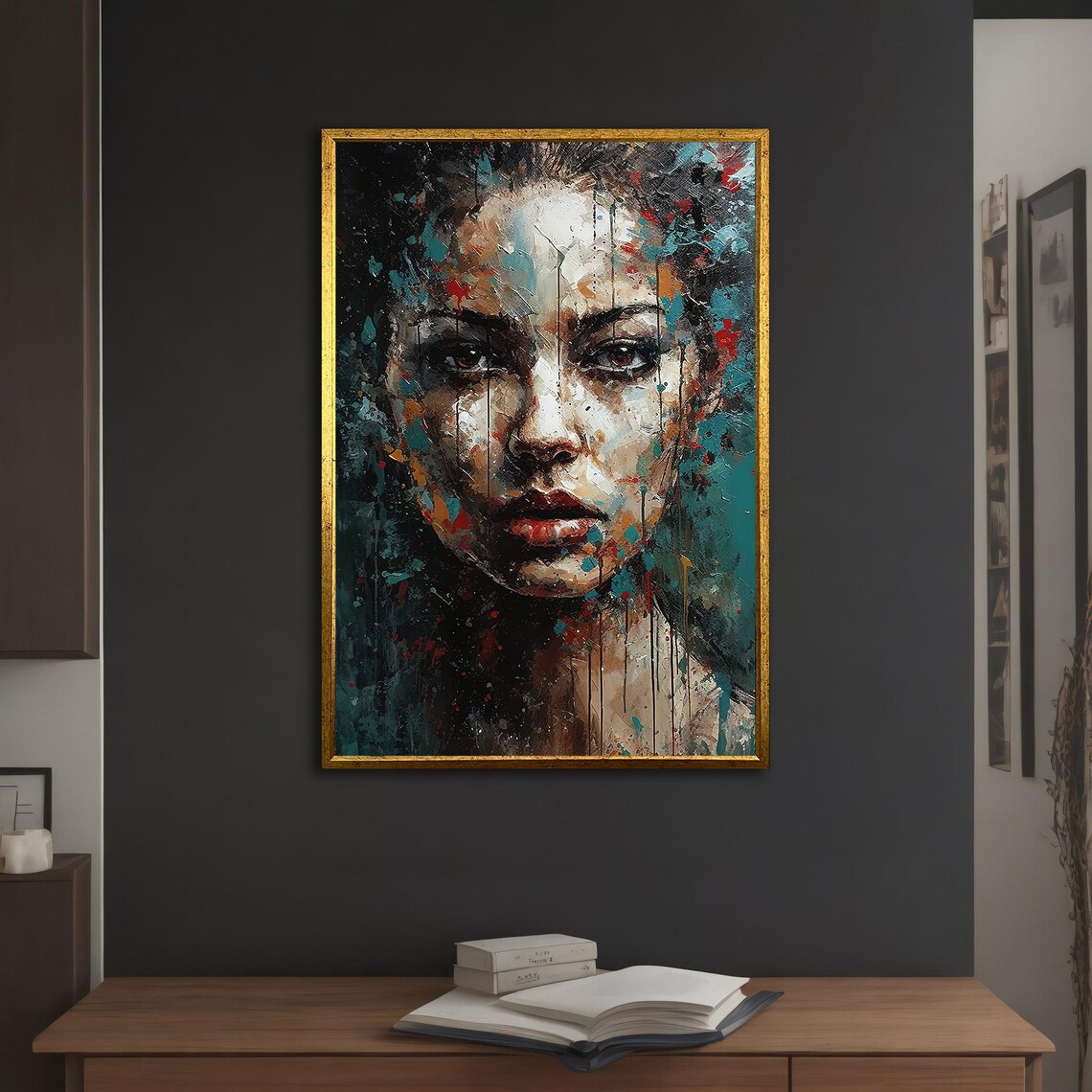 Abstract Woman Face Paint Drips Teal Dark Modern Portrait Poster - Image 3