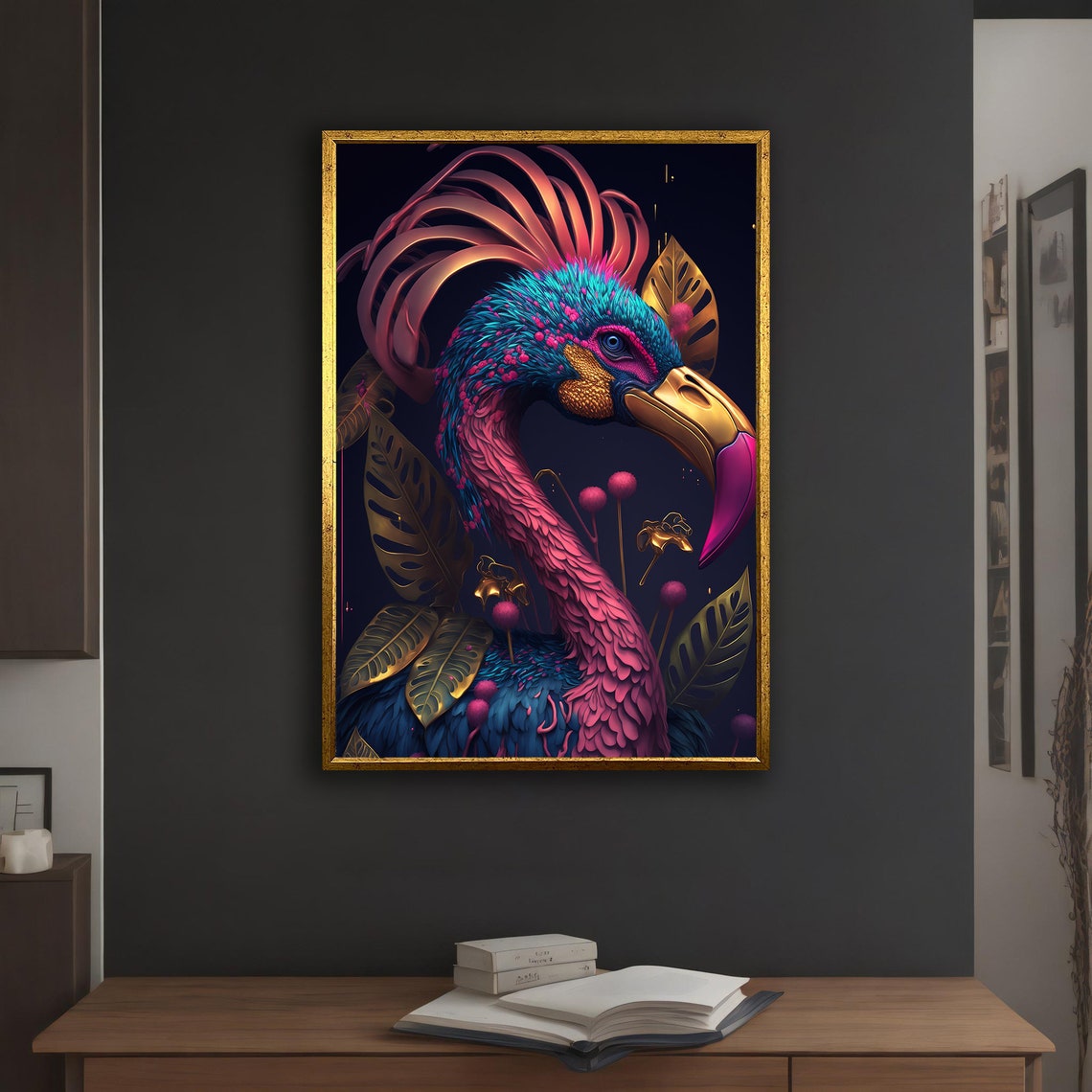 Colorful Flamingo Portrait Pink Teal Gold Feather Dark Navy Poster - Image 5