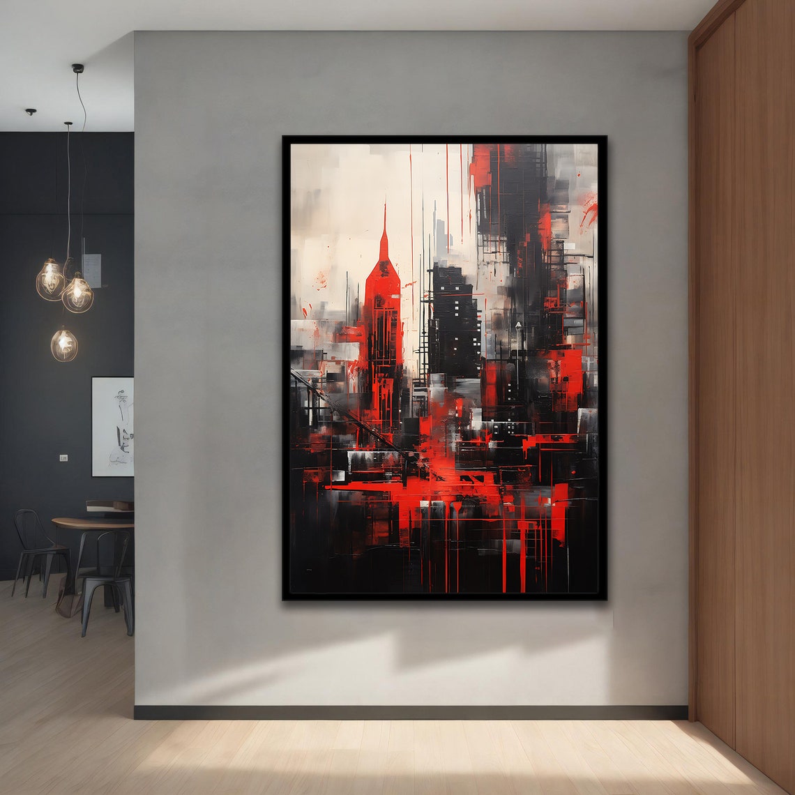 Abstract Red Black White City Skyline Bold Brushstroke Art Poster