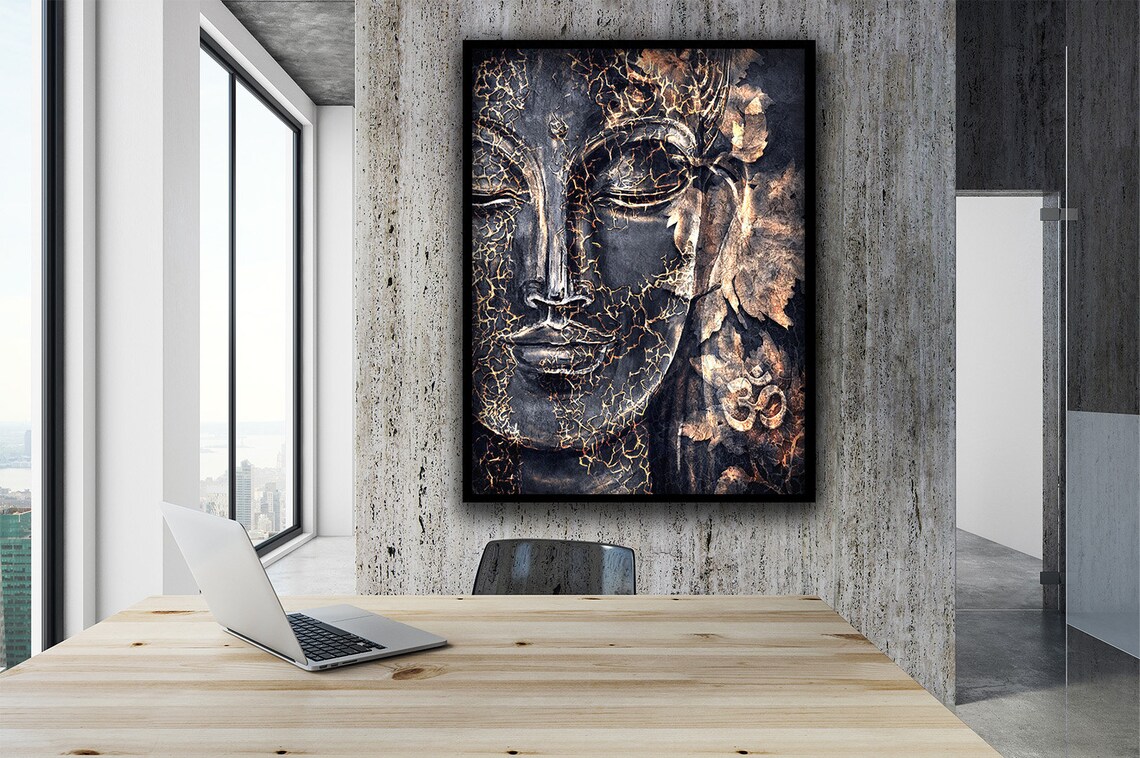 Black Buddha Face Gold Crackle Ancient Stone Meditation Zen Wall Art Poster - Image 2