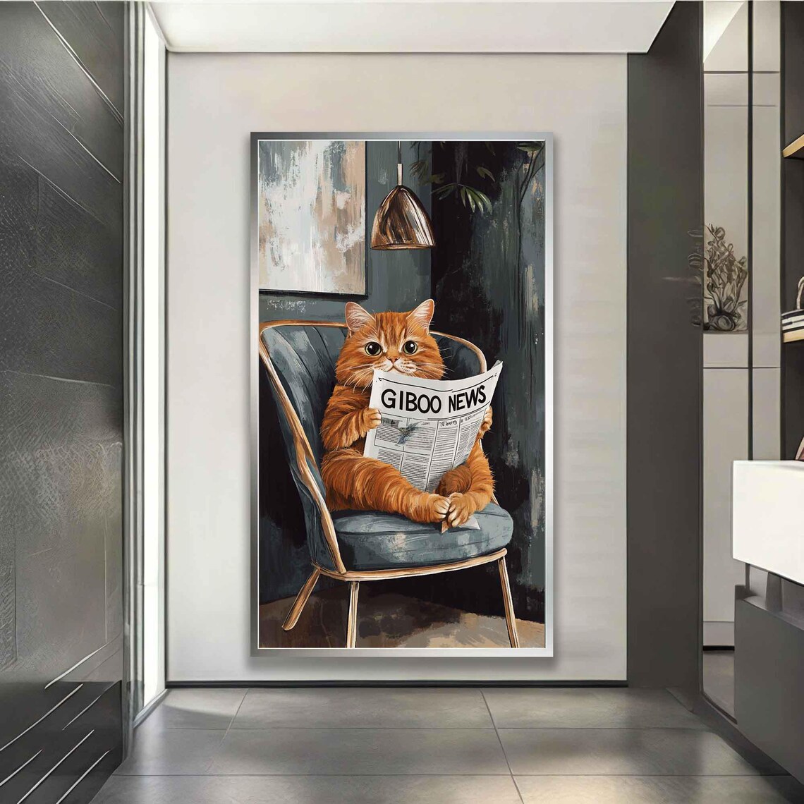 Orange Cat Reading Newspaper In Armchair Cozy Funny Animal Art Poster - Image 4