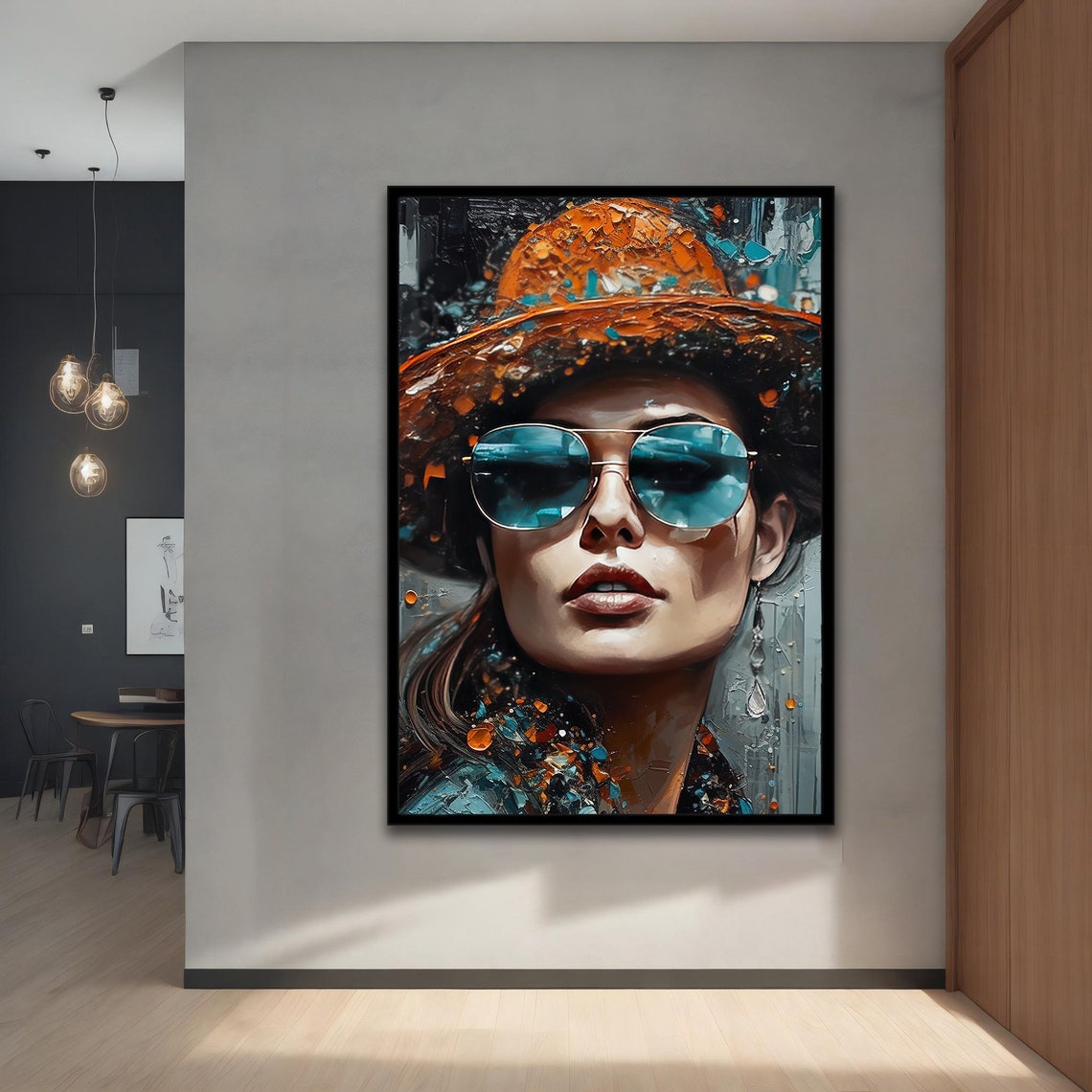 Woman with Sunglasses Hat Orange Blue Splash Portrait Art Poster - Image 5
