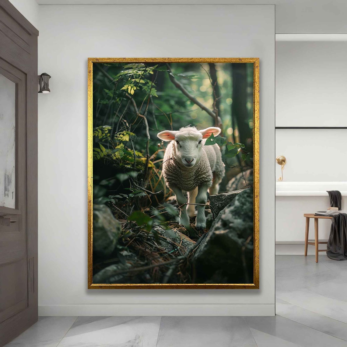 Lamb Of God Sunlit Forest Rocky Path Christian Faith Wall Art Print