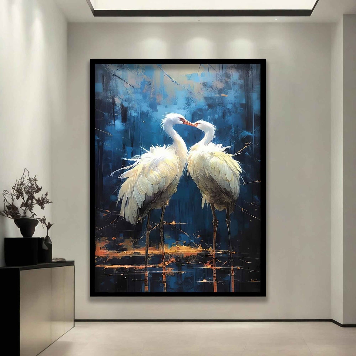 Two White Storks Nuzzling at Dusk Blue Water Bird Art Wall Poster - Image 3
