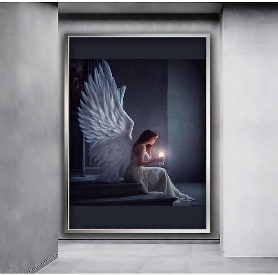 Winged Angel Woman Candle Light Dark Night Guardian Serene Wall Art Poster