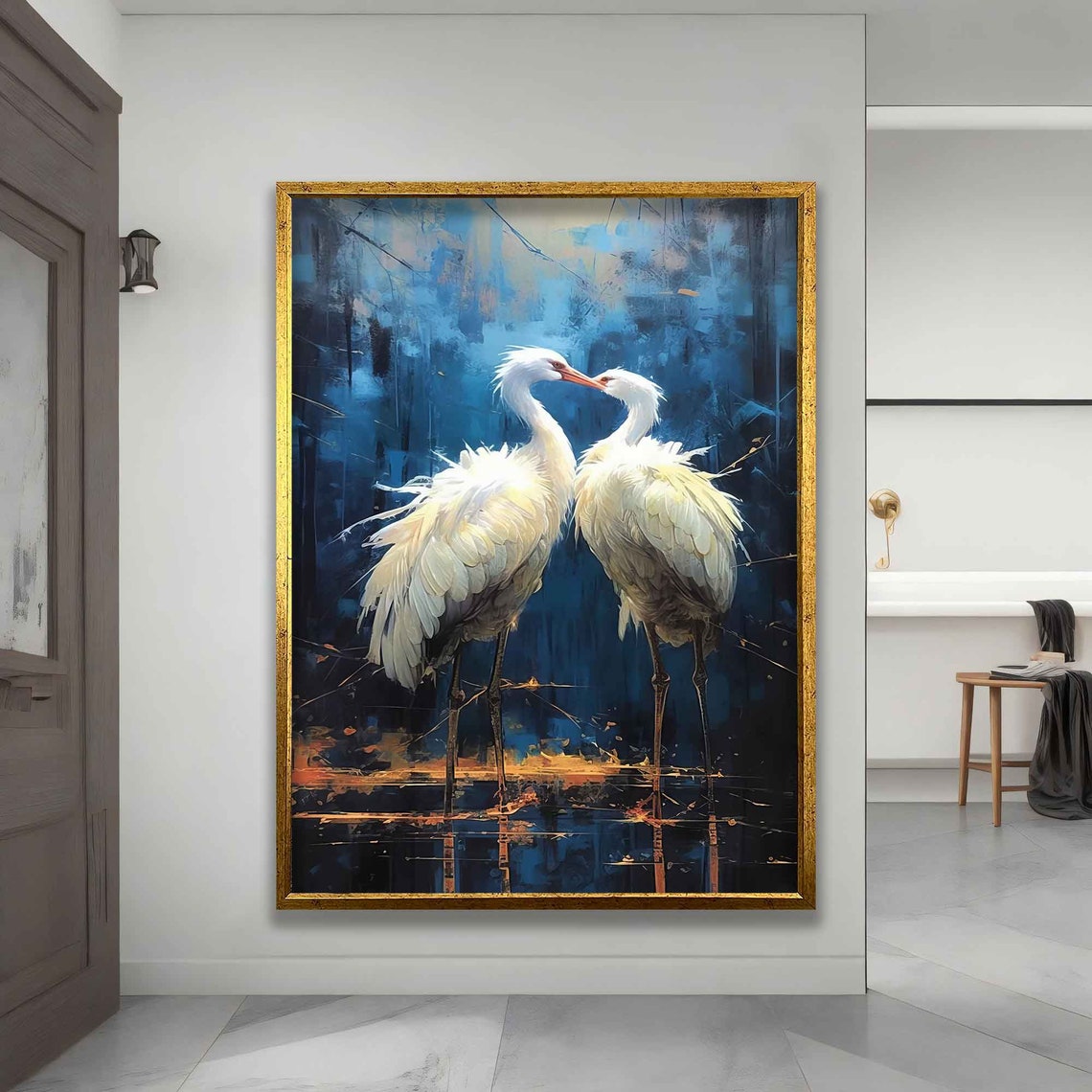 Two White Storks Nuzzling at Dusk Blue Water Bird Art Wall Poster