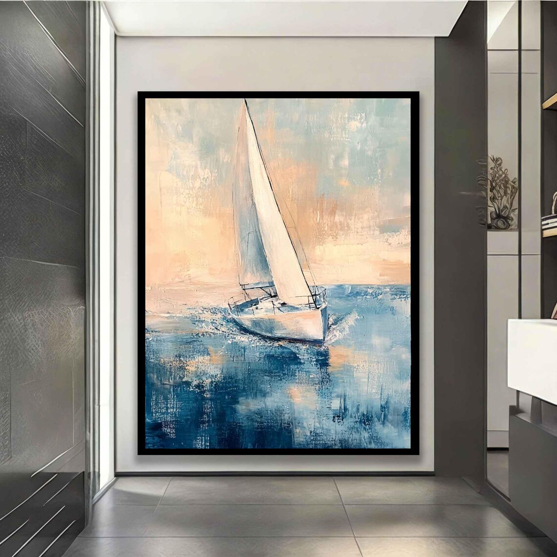 Sailboat Ocean Sunrise Pastel Oil Painting Modern Nautical Wall Art - Image 5