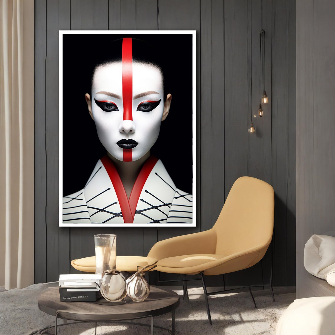 Geisha Kabuki Mask Bold Red Stripe White Face Dramatic Art Poster - Image 2