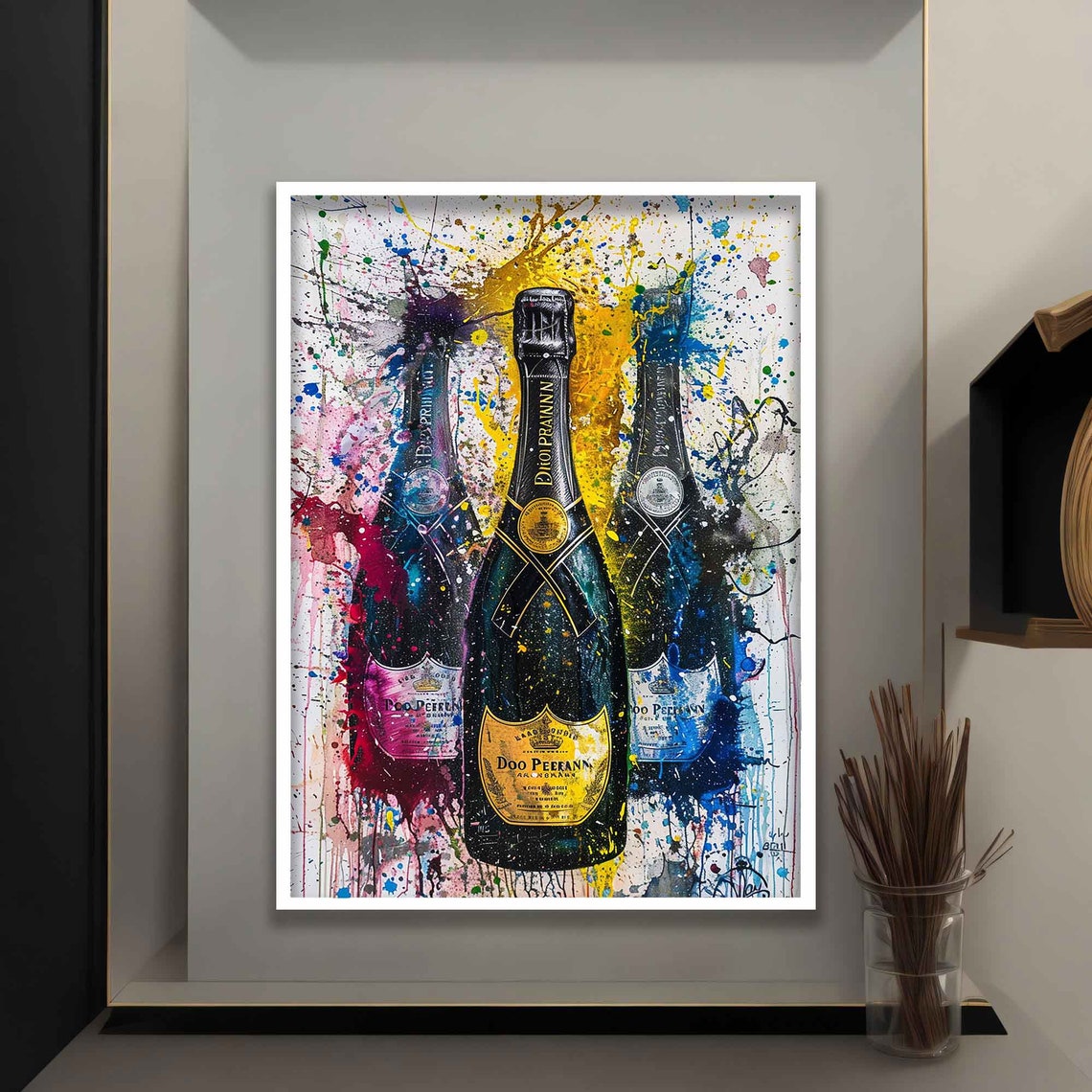 Champagne Bottles Trio Vivid Paint Splatter Modern Party Decor Poster - Image 3