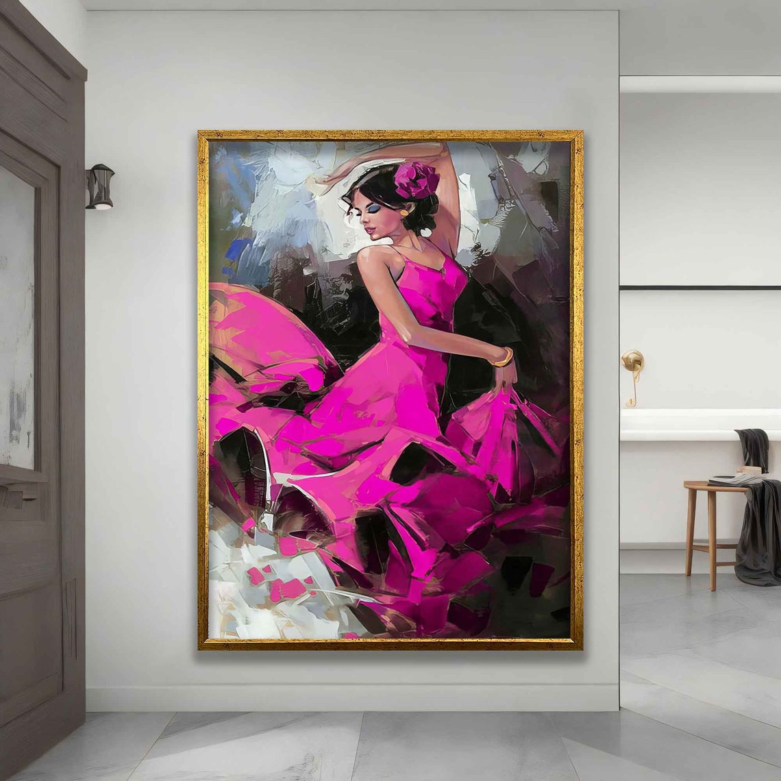Flamenco Dancing Woman In Pink Dress Painting Dancer Girl Art Salsa Woman Poster Ballerina - Image 4