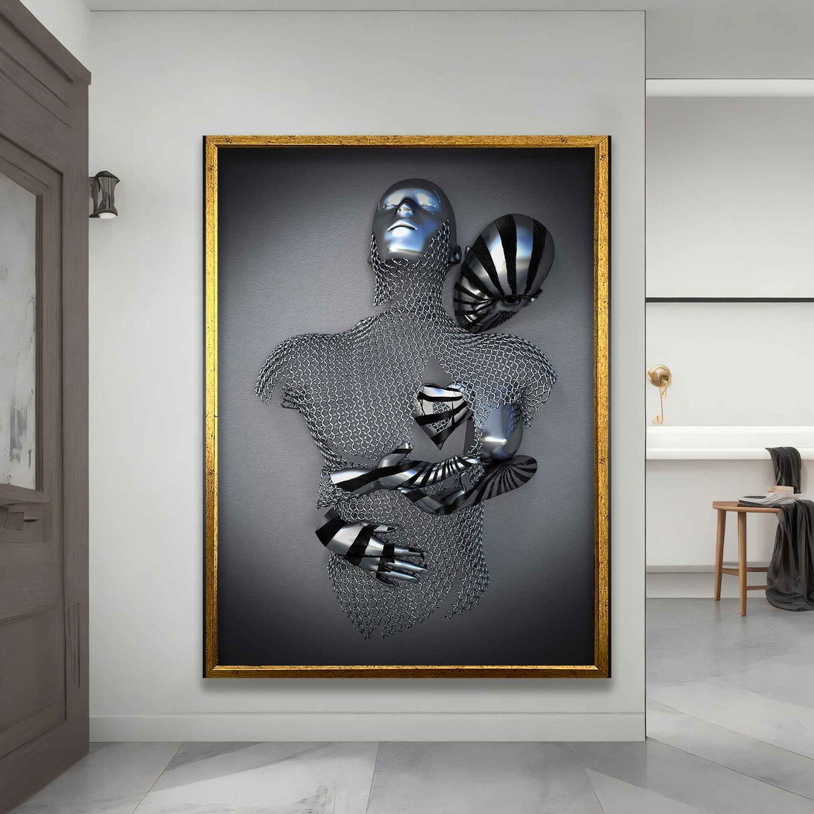 Zebra Striped Kiss Chainmail Man Surreal Sculpture Couple Art Poster - Image 4