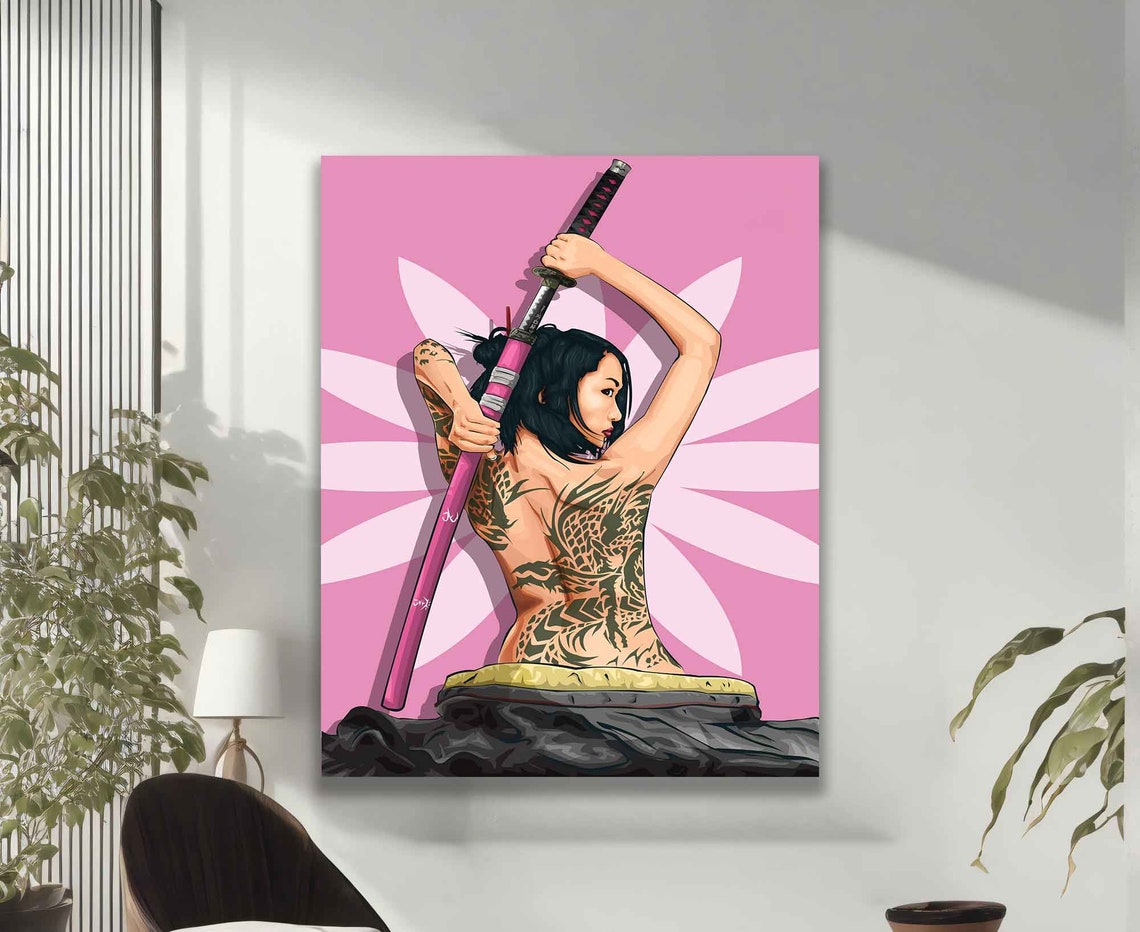 Japanese Geisha Warrior with Katana Pink Pop Art Wall Poster - Image 2