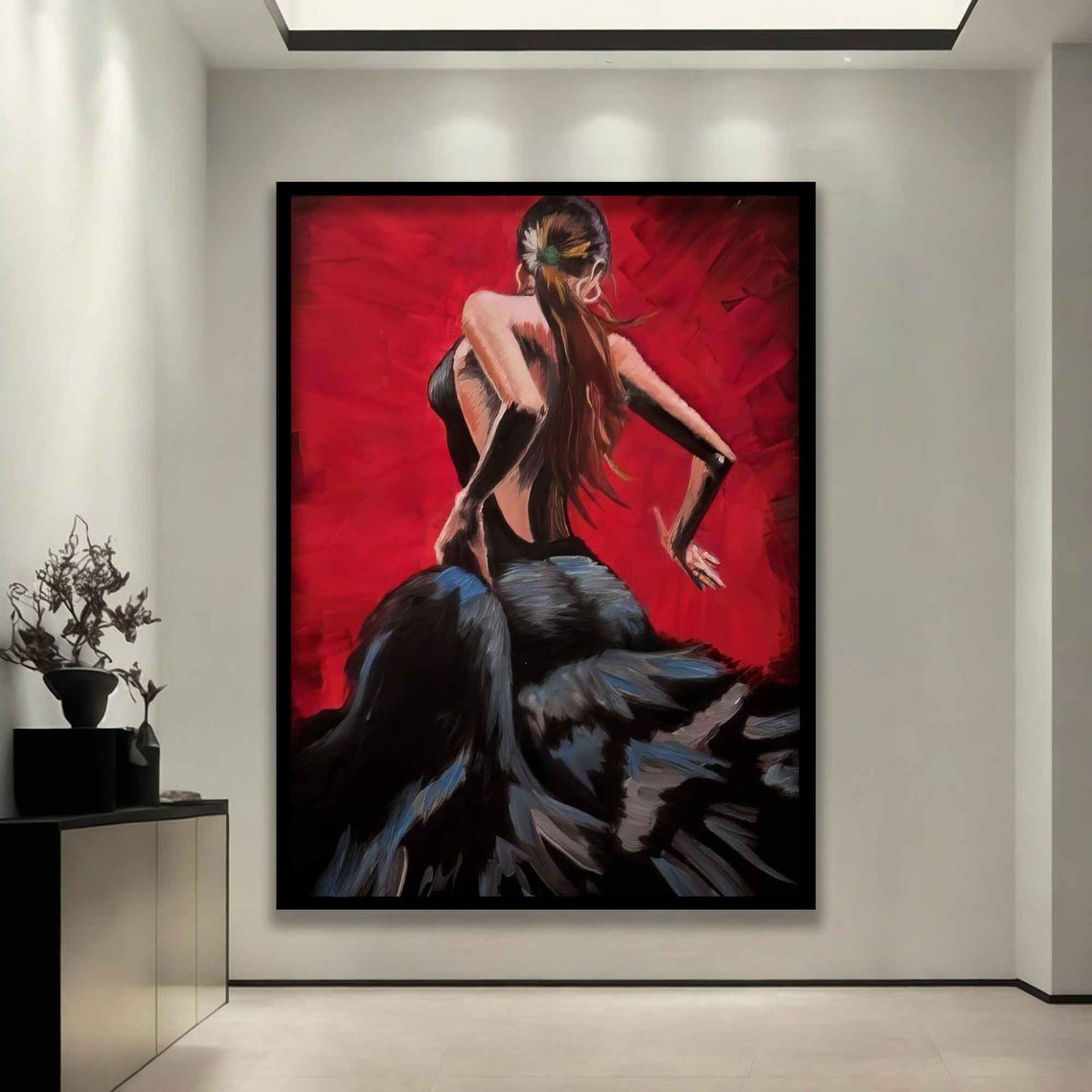 Flamenco Dancer Black Ruffled Dress Vivid Red Stage Passion Art Poster