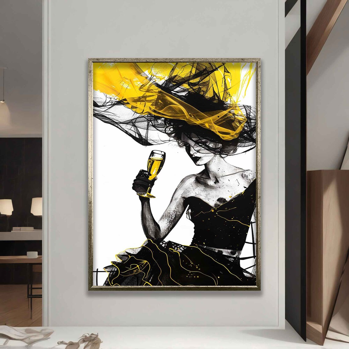 Elegant Woman Champagne Dramatic Yellow Black Veil Fashion Art Poster - Image 5