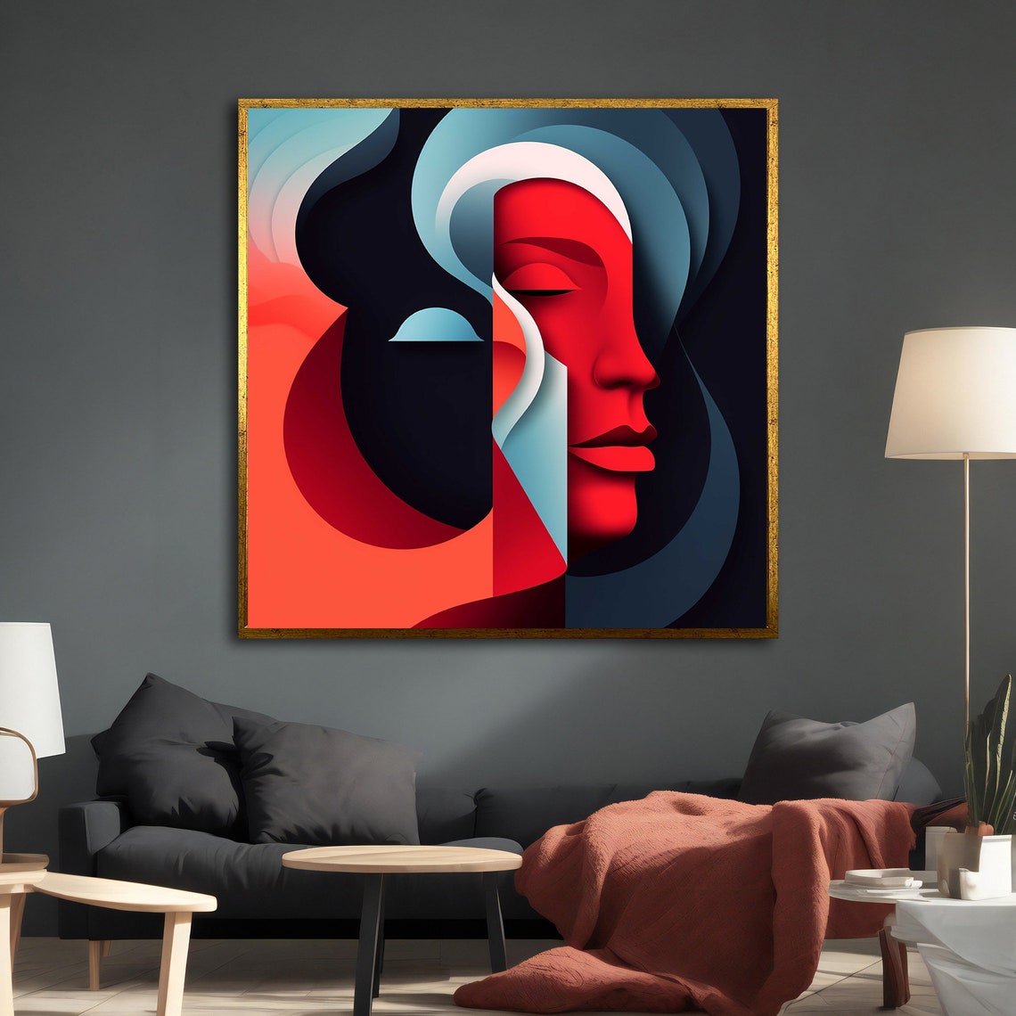 Abstract Red Black Faces Minimalist Curves Modern Portrait Art Poster - Image 3