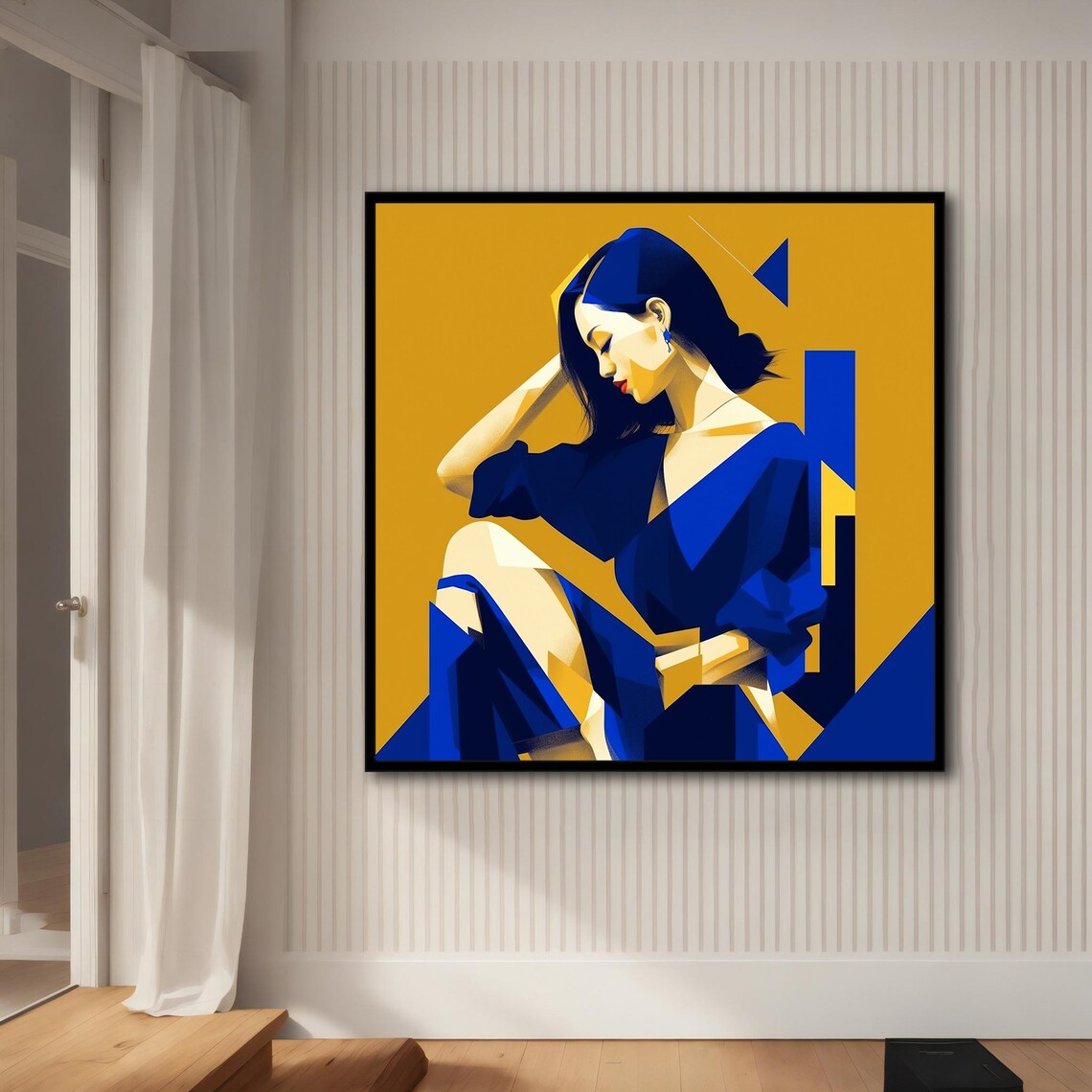 Abstract Geometric Woman Portrait Blue Gold Art Deco Modern Style Wall Art - Image 5