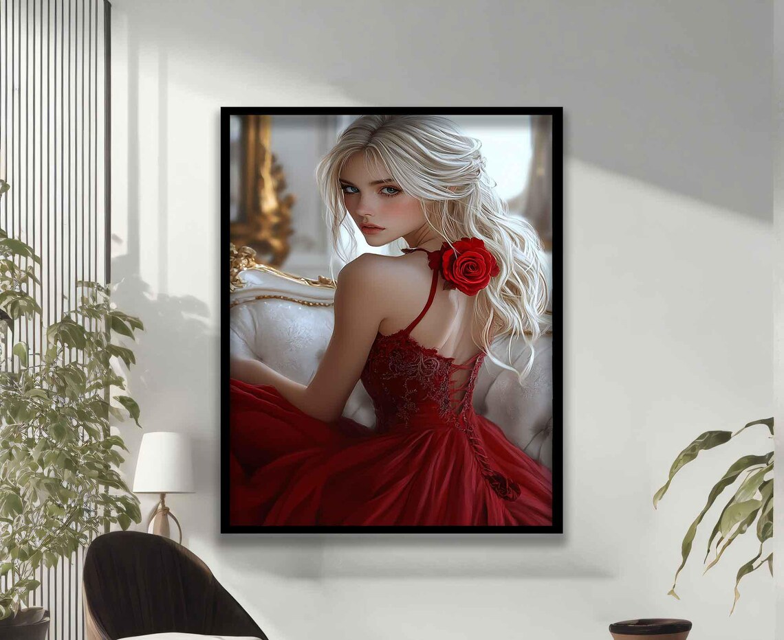 Blonde Woman Red Rose Gown Romantic Portrait Looking Back Elegant Art Poster - Image 3