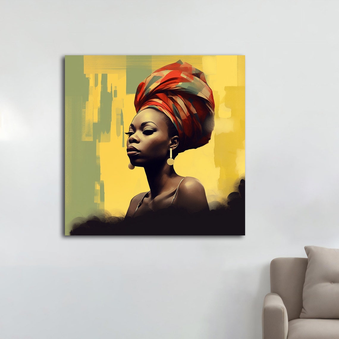 African Woman Red Headwrap Portrait Yellow Background Modern Art Print - Image 4