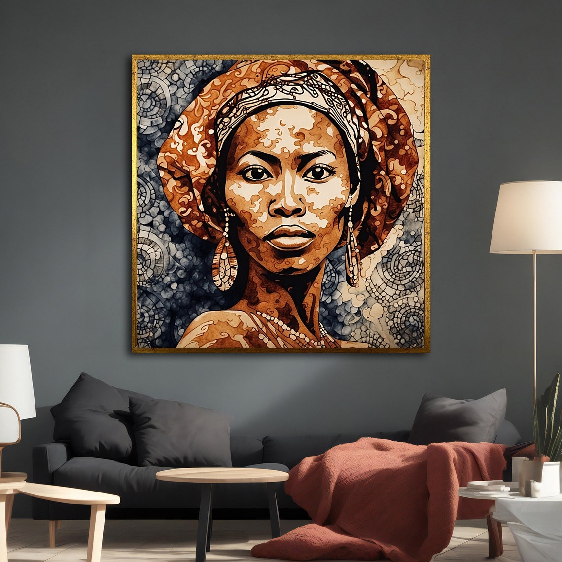 African Woman Headwrap Portrait Warm Brown Ink Texture Art Wall Print - Image 2