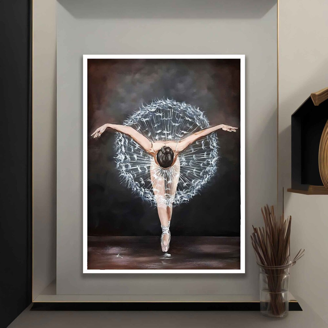 Ballerina Dandelion Seed Tutu Arabesque Dark Elegant Dance Wall Art Print - Image 4