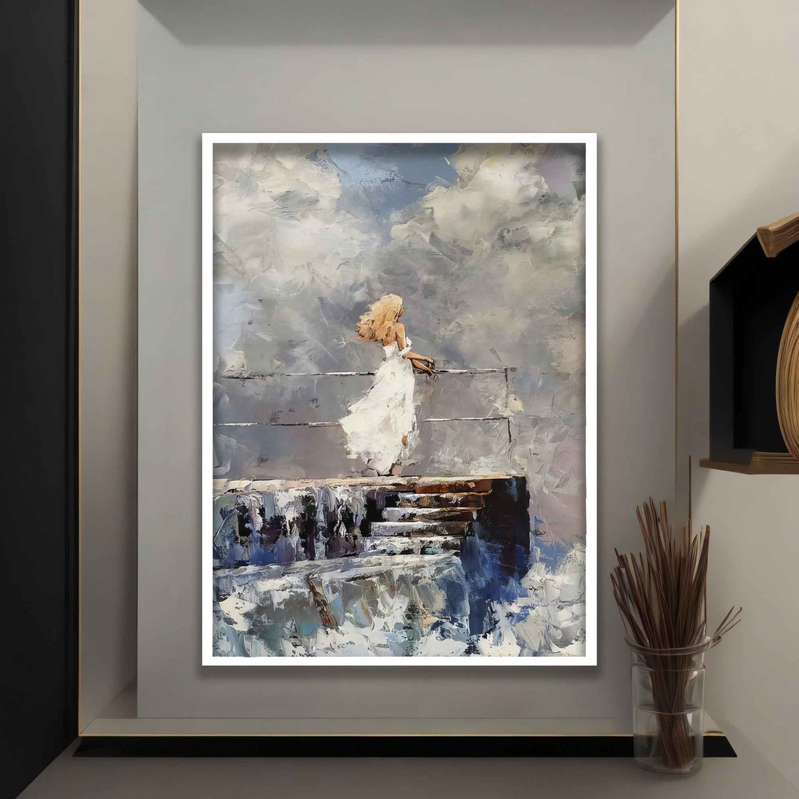 Woman Snat Watching The Sea Lonely Woman Print Woman In The Sea In White Dress Poster - Image 4