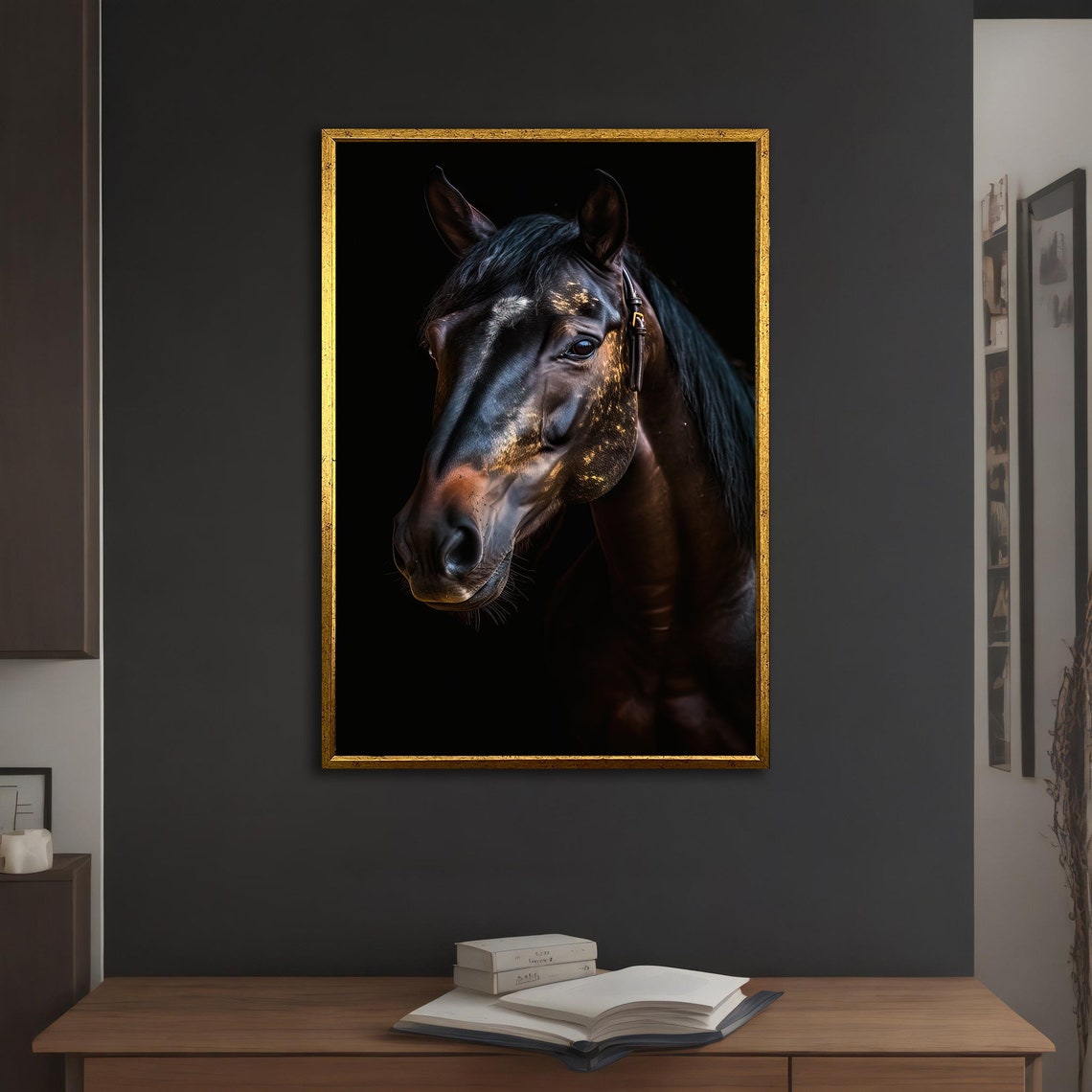 Dark Horse Head Portrait Dramatic Black Golden Light Art Print - Image 3