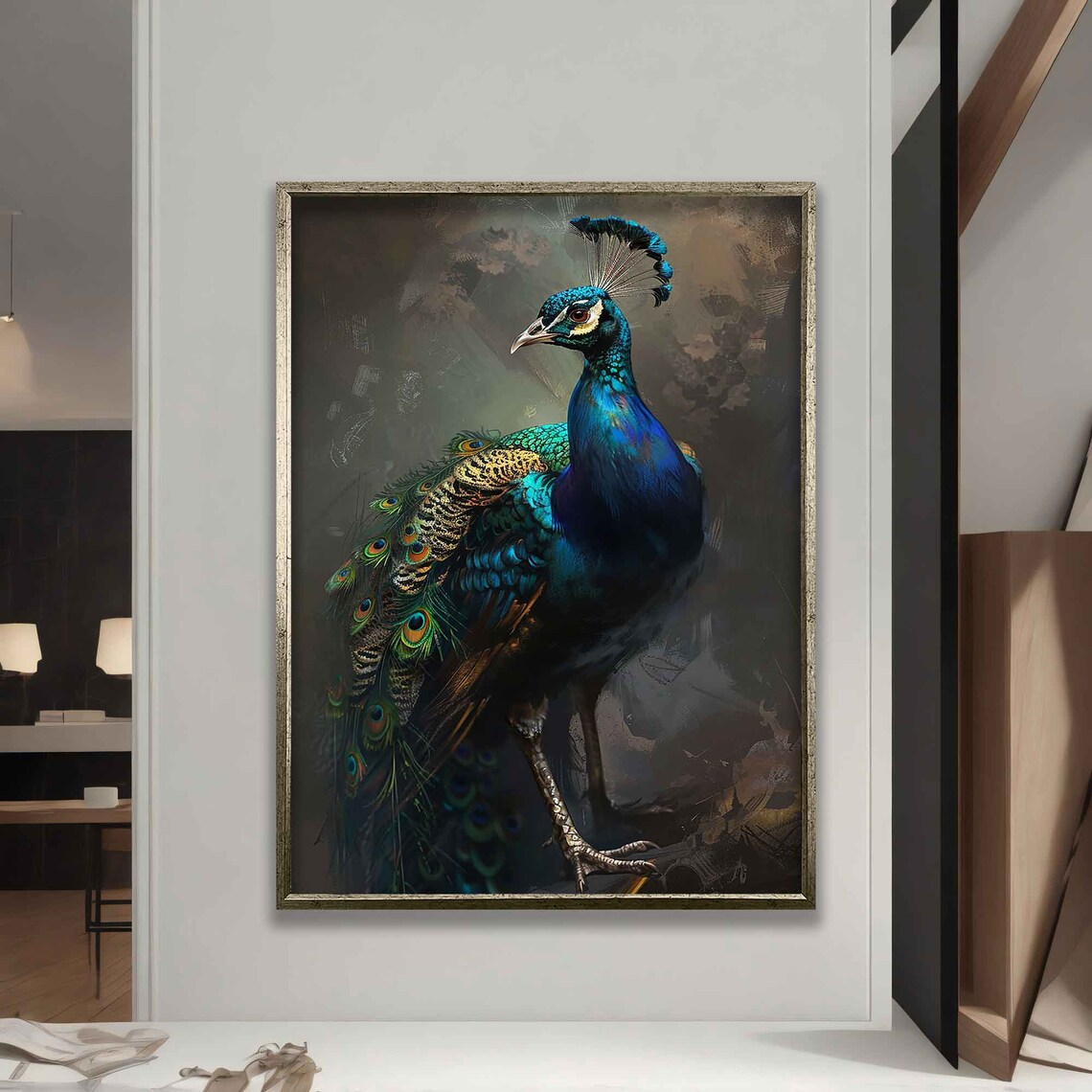 Majestic Peacock Full Body Iridescent Feathers Dark Canvas Art Poster - Image 5