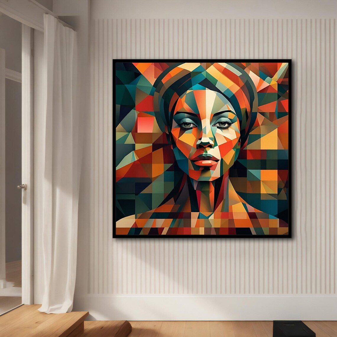 Cubist Woman Face Colorful Geometric Mosaic Orange Teal Modern Art Print - Image 3