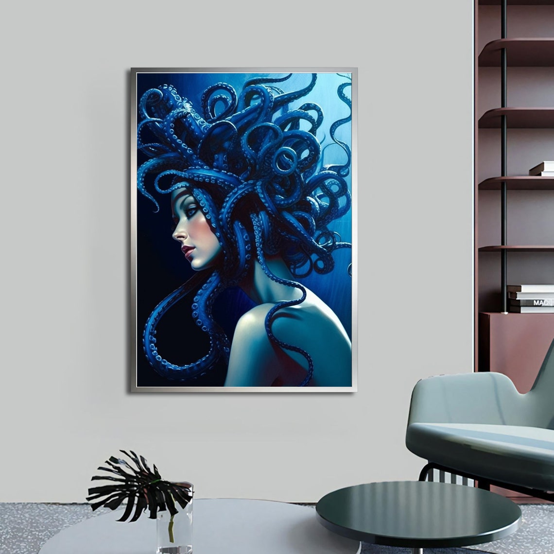 Woman Octopus Tentacle Hair Blue Surreal Sea Goddess Art Poster - Image 4