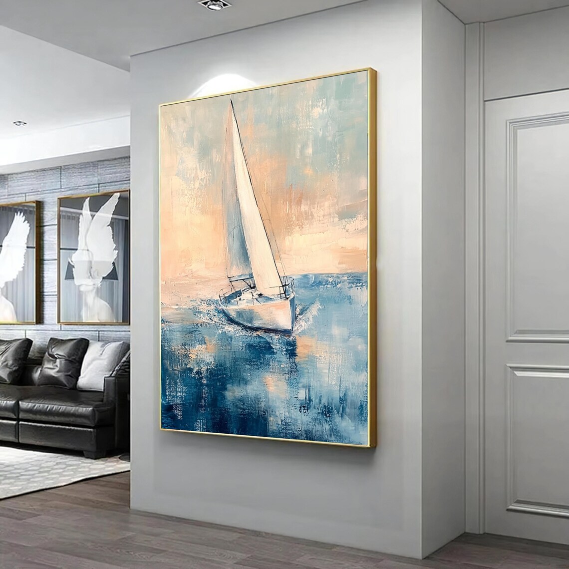 Sailboat Ocean Sunrise Pastel Oil Painting Modern Nautical Wall Art