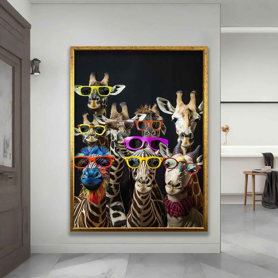 Funny Giraffes with Colorful Sunglasses Group Portrait Art Poster