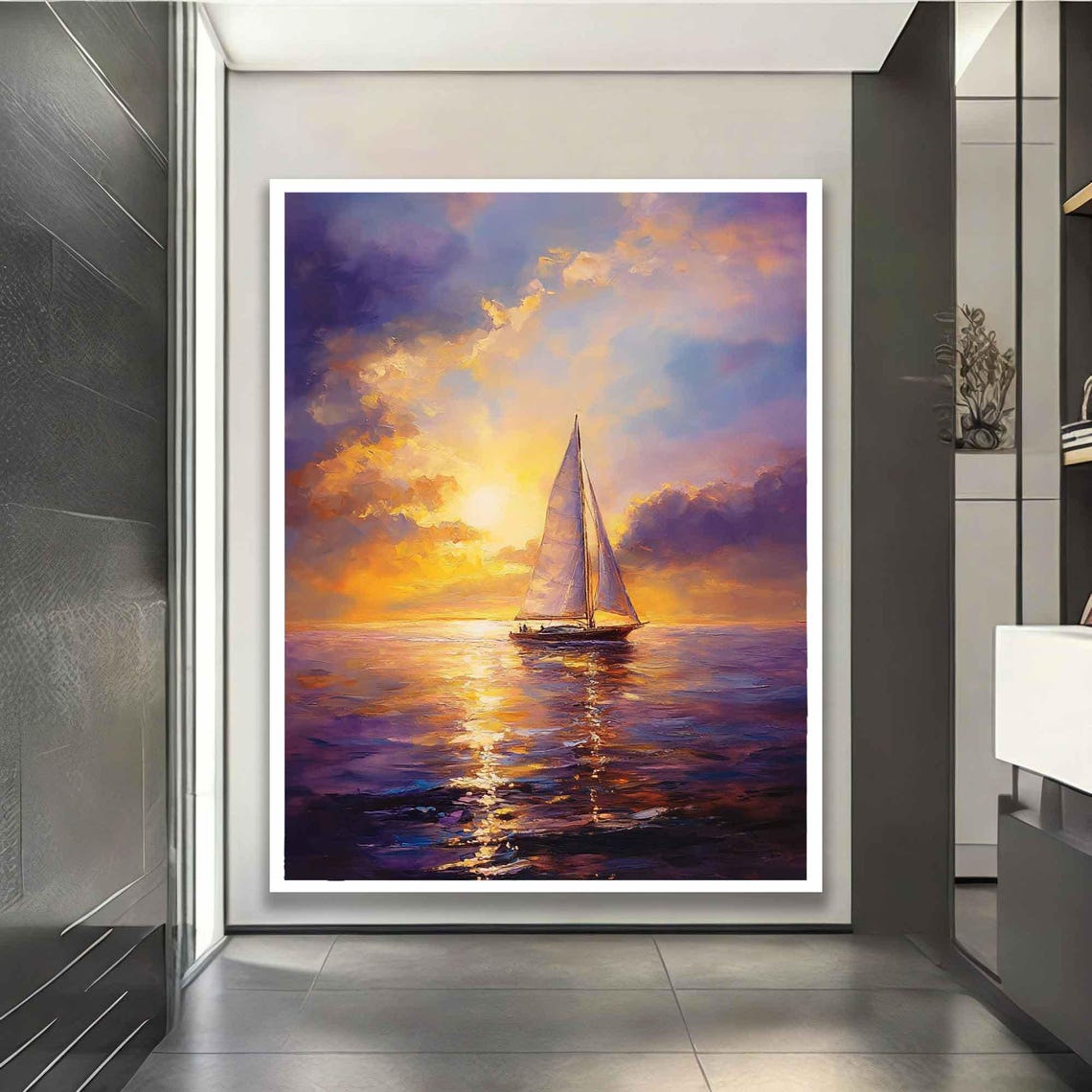 Lone Sailboat Sunset Purple Orange Clouds Golden Reflection Poster - Image 5