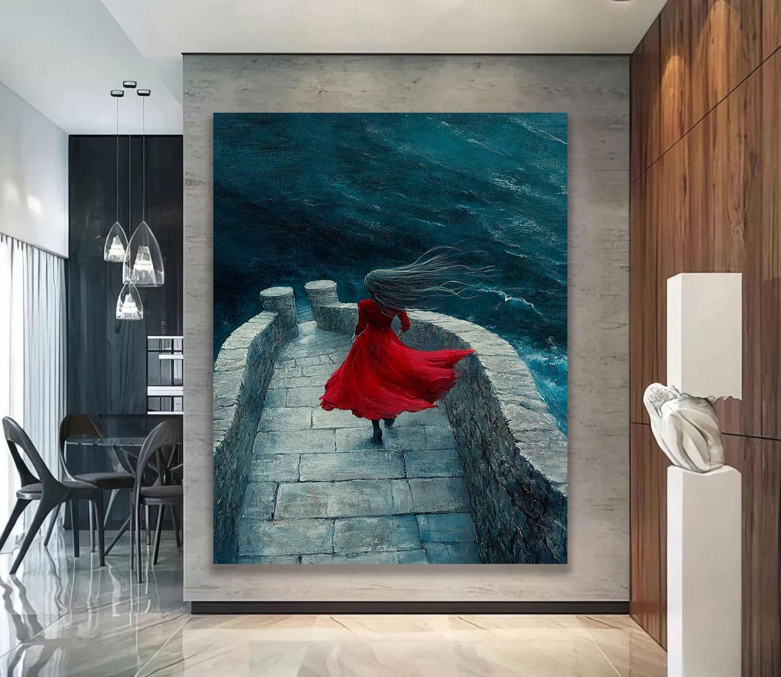 Woman With Red Dress Wall Decor Surreal Blonde Girl Poster Seascape Art Girl In Red Dress Print Beautiful Woman Home Decor - Image 2