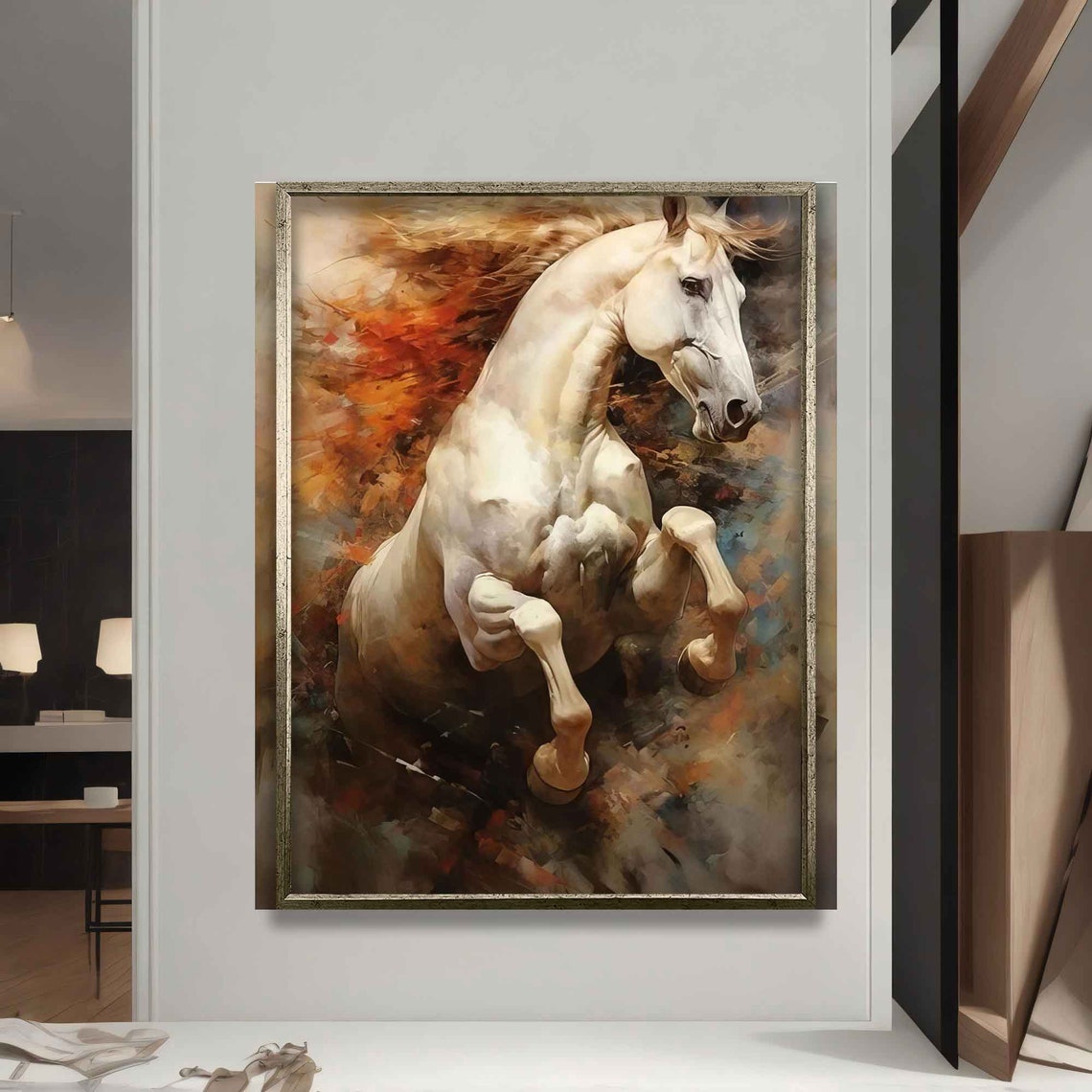 Prancing White Horse Fiery Orange Brown Splash Painting Poster - Image 4