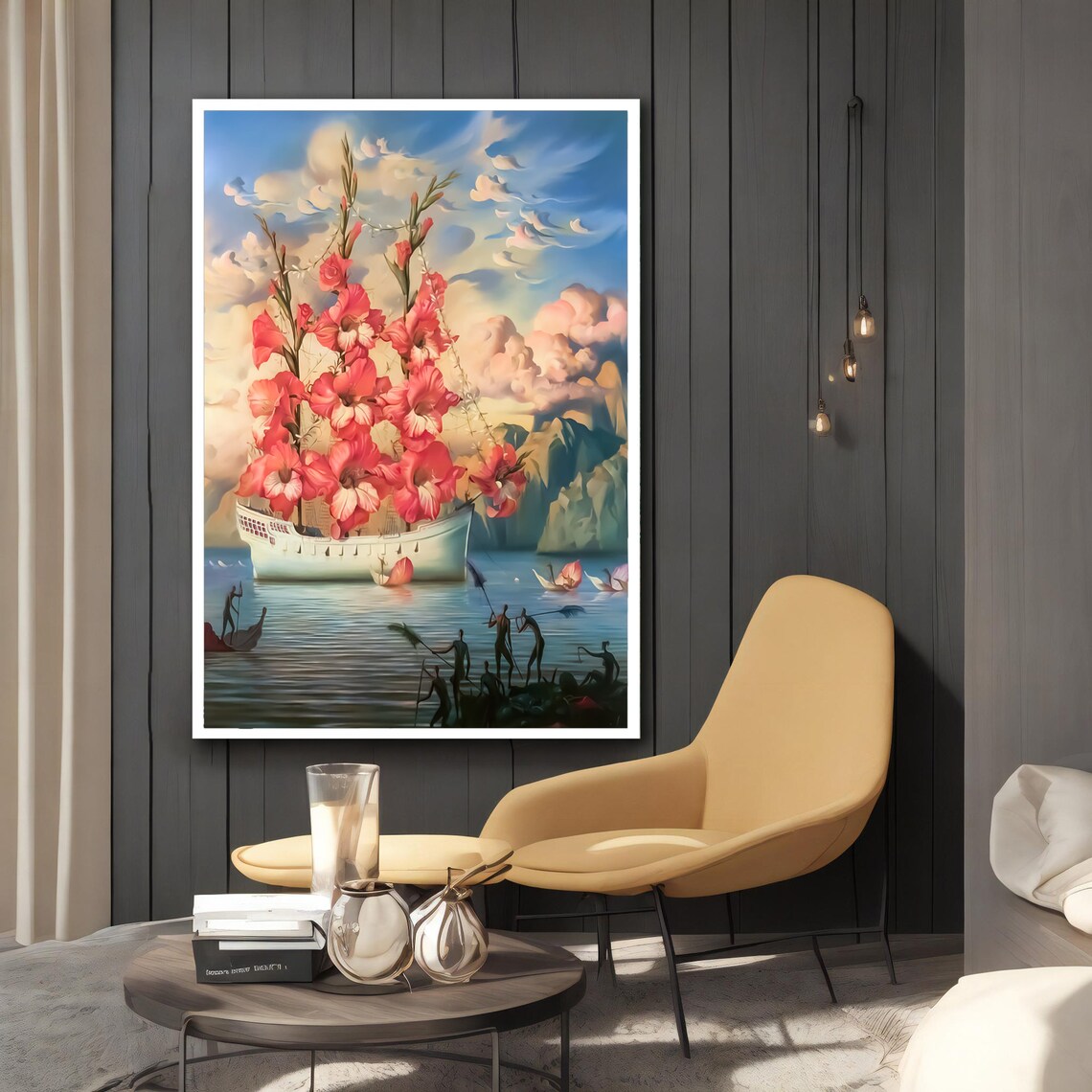 Flower Ship Pink Gladiolus Sails Surreal Ocean Voyage Art Poster Print - Image 2