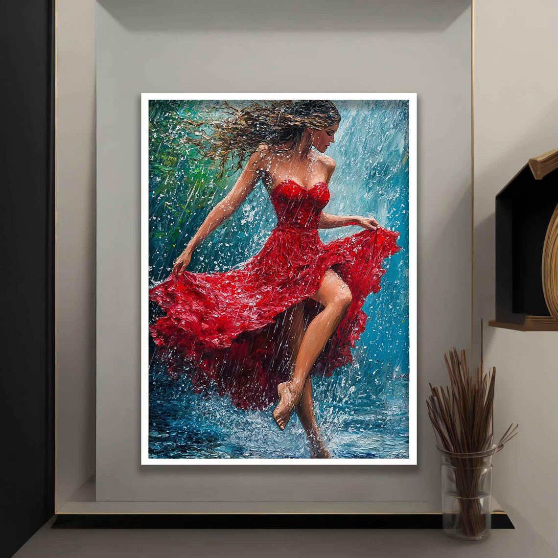 Dancing Woman Red Dress Rain Barefoot Joyful Impressionist Art Poster Print - Image 5